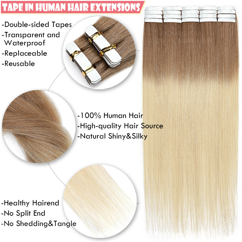20pc Tape In 100% Real Human Hair Extensions Skin Weft Balayage 12″-24″ Straight