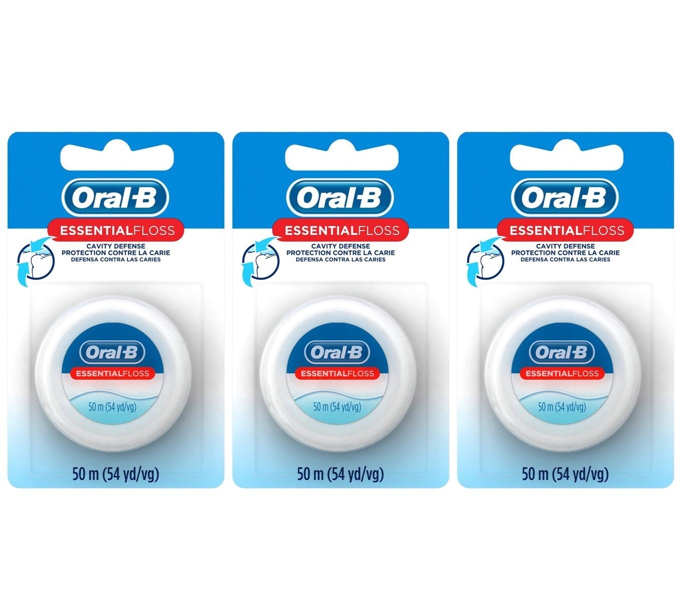 Oral-B Essential Floss Cavity Defense Wax Coated Cleans Teeth Gums 54 Yard, 3 Ct