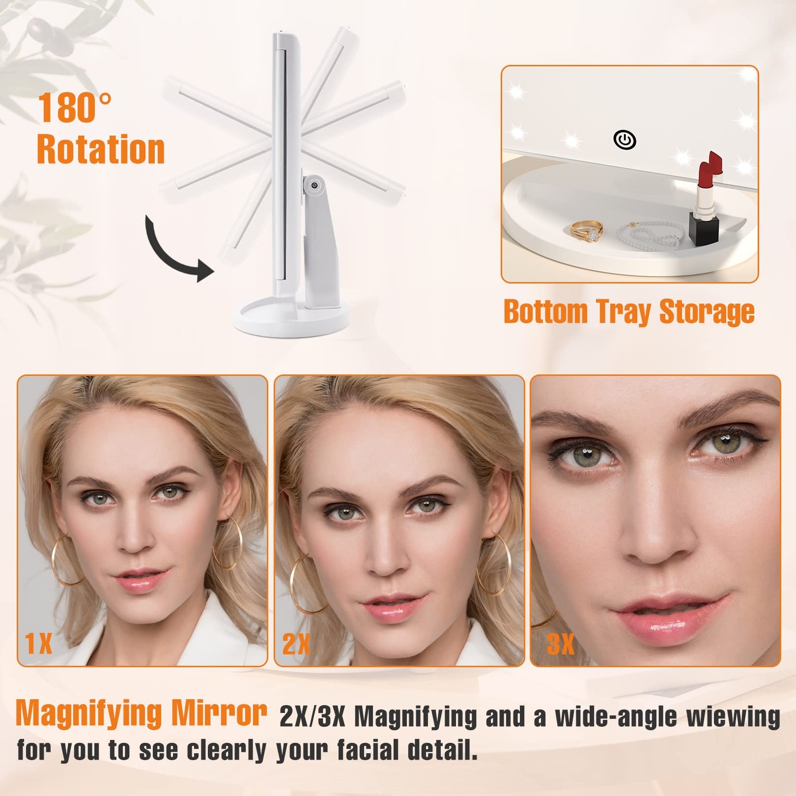 Trifold Vanity Mirror with Lights Lighted Makeup Mirror 2X/3X Magnification 2…