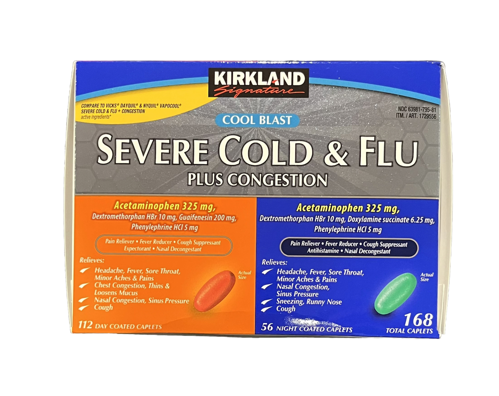 Kirkland Signature Severe Cold & Flu Plus Congestion Caps, 168 Ct EXPIRE 06/25