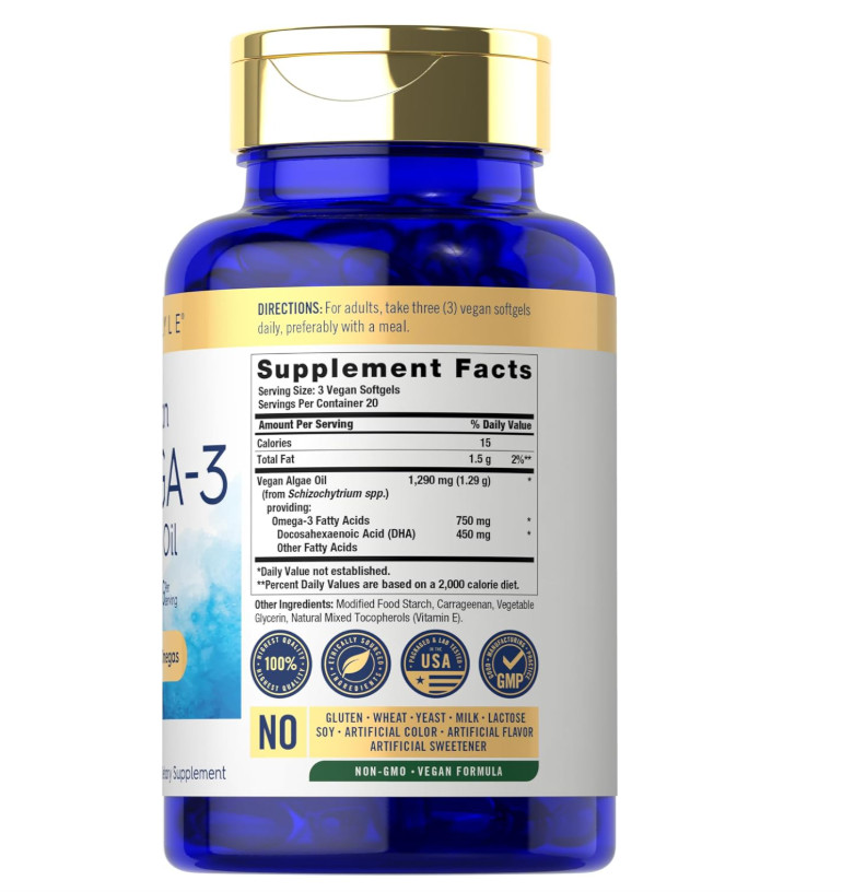 Vegan Omega 3 Supplement 1290mg 60 Softgels Plant Based Algae Oil Non GMO Gluten