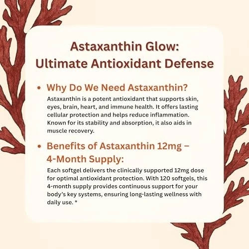 Astaxanthin 12mg Softgels | Premium Astaxanthin Antioxidant Supplements |120 Ct