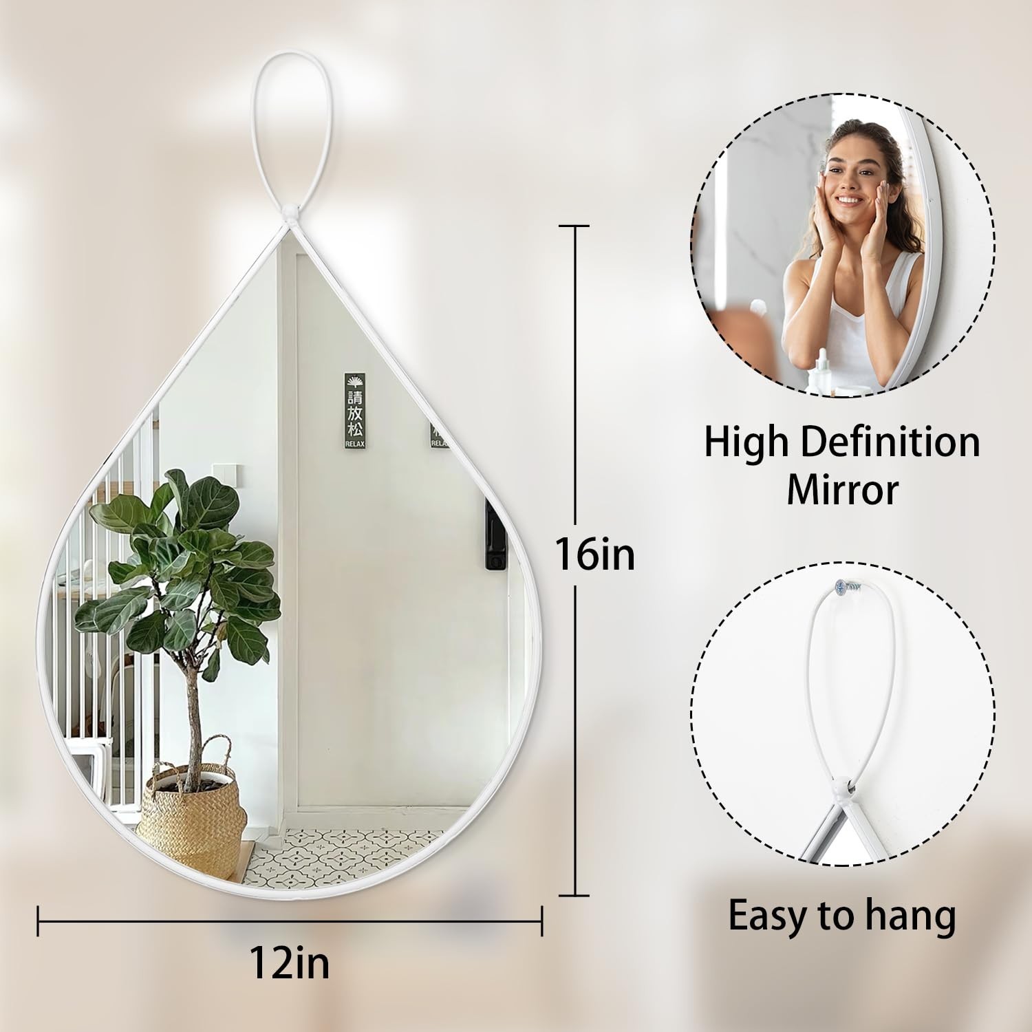 Small Wall Mirrors Decorative White Teardrop Hanging Mirror Irregular Oval Wa…