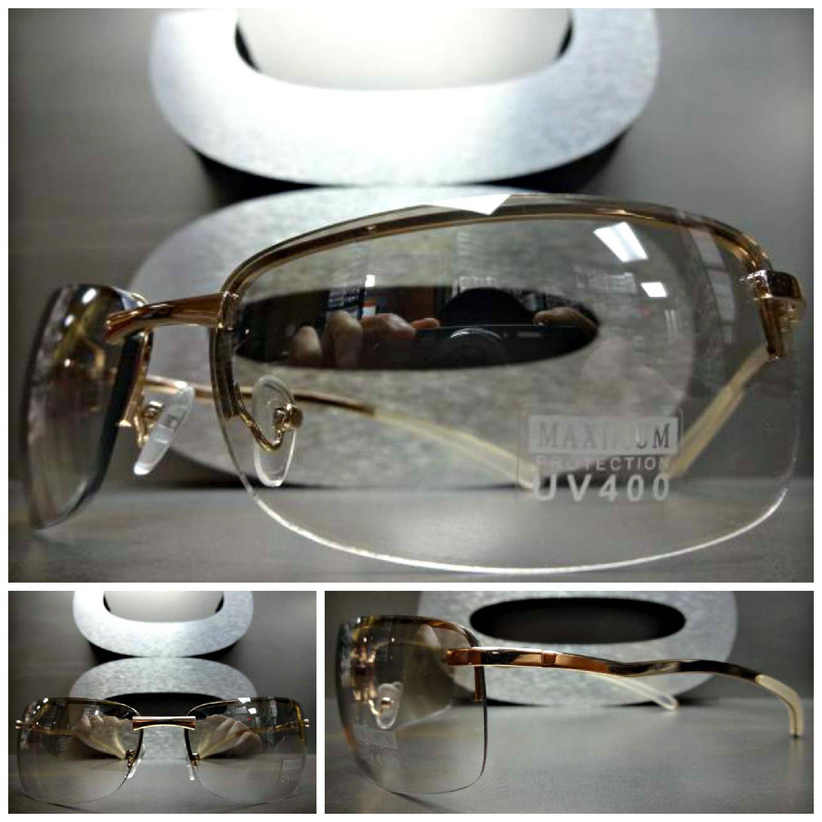 Men’s Classy Elegant CONTEMPORARY MODERN WRAP Clear Lens SUN GLASSES Gold Frame