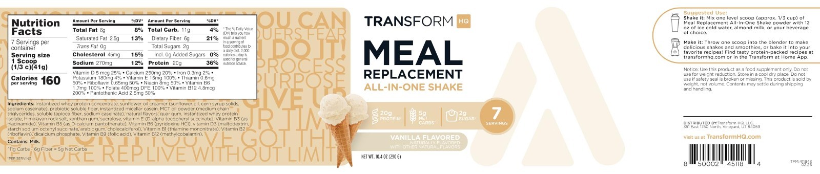 Meal Replacement Shake Powder – Vanilla Flavor, 7 Servings, Gluten-Free, GMO-Fre