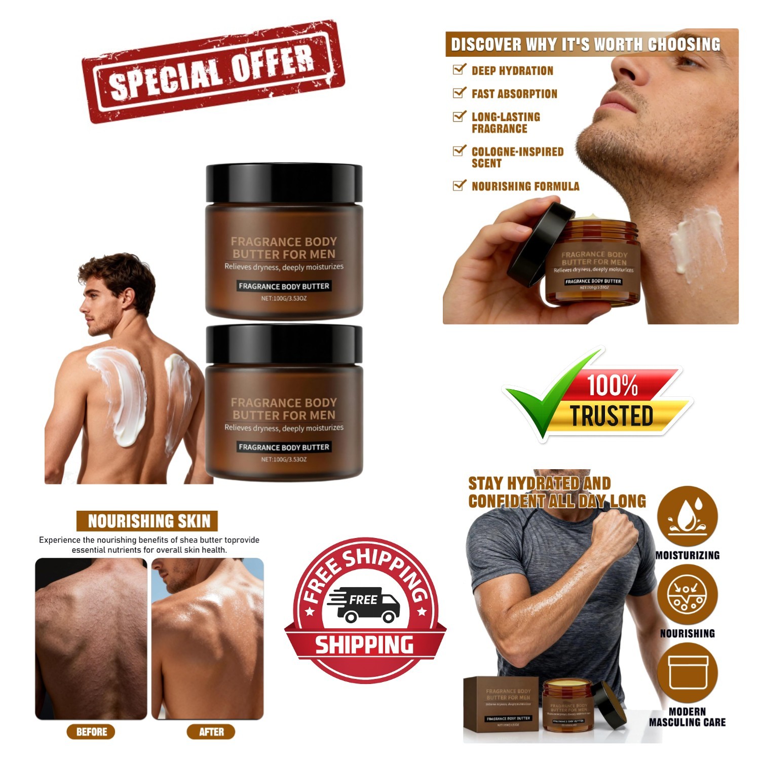 2PCS Pheromone Body Butter for Men, Body Skin Cream with Shea Butter