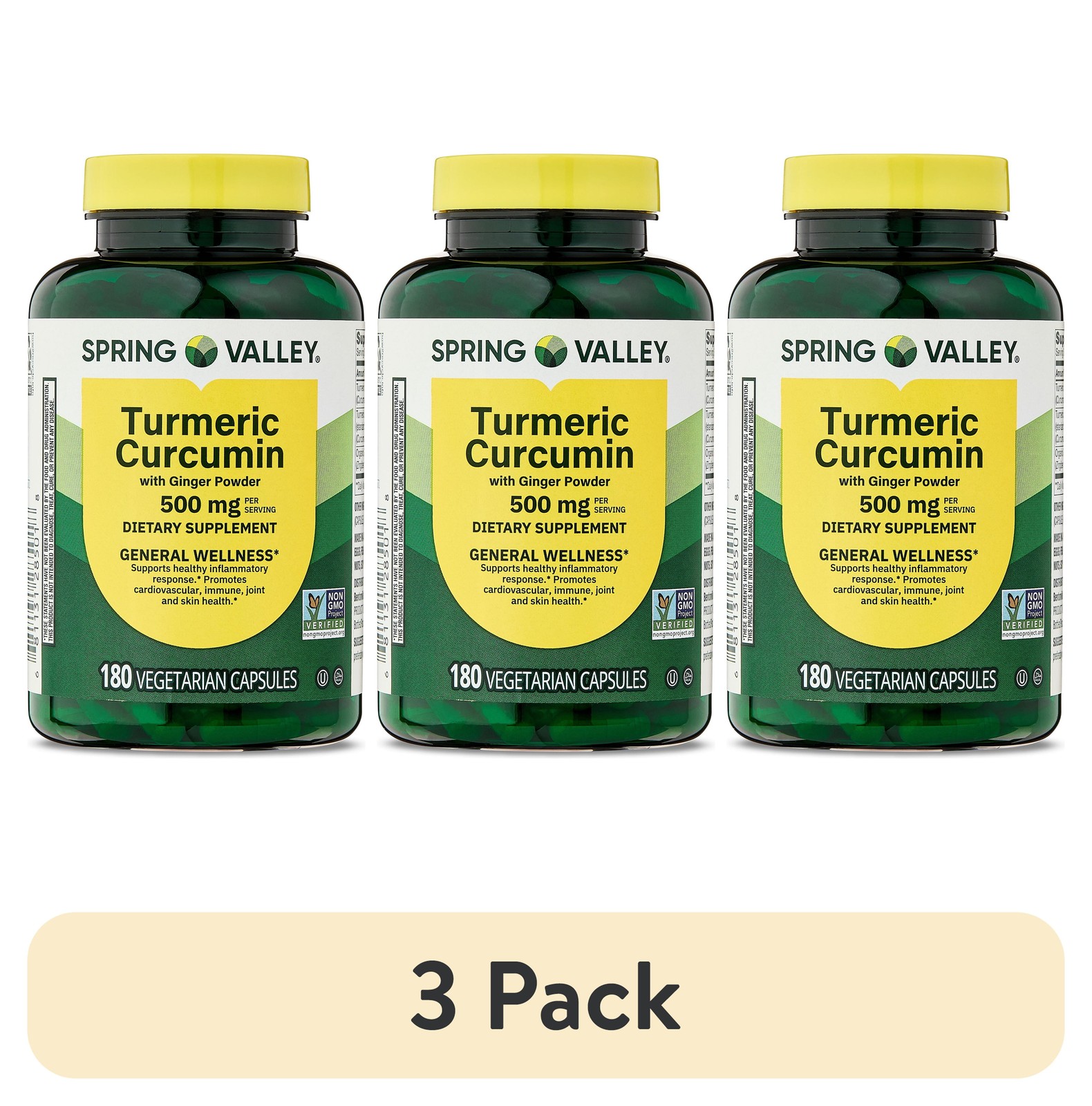 Turmeric Curcumin & Ginger Supplement – 3 Pack, 500mg, 180 Capsules
