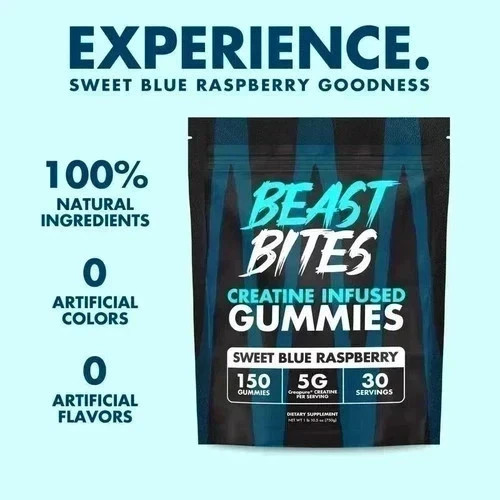Beast Bites Creatine Infused Gummies, Blue Raspberry, 450 Servings New–+