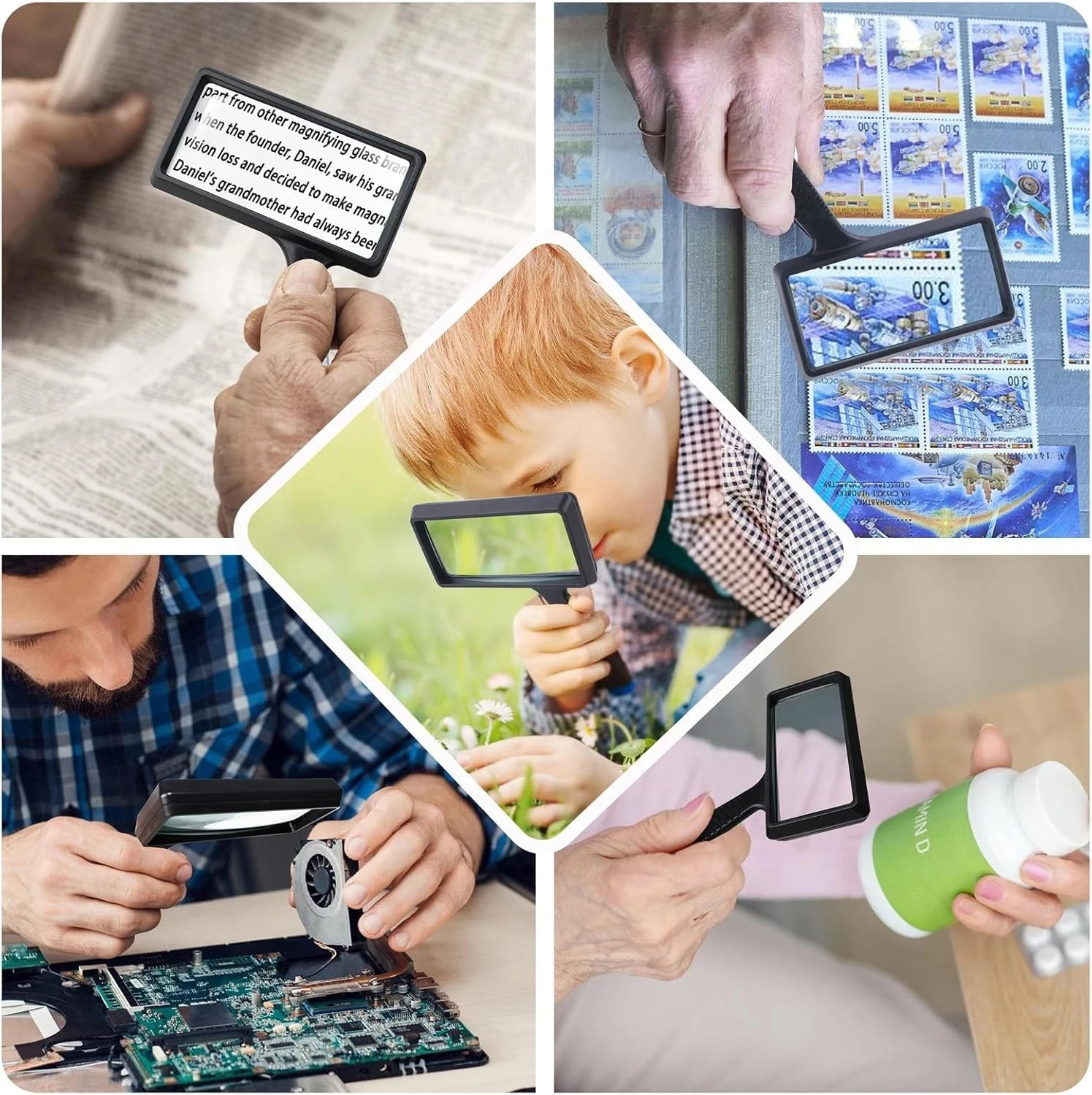 5X Rectangle Reading Magnifier, Large Handheld Magnifying Glass Scratch Resistan