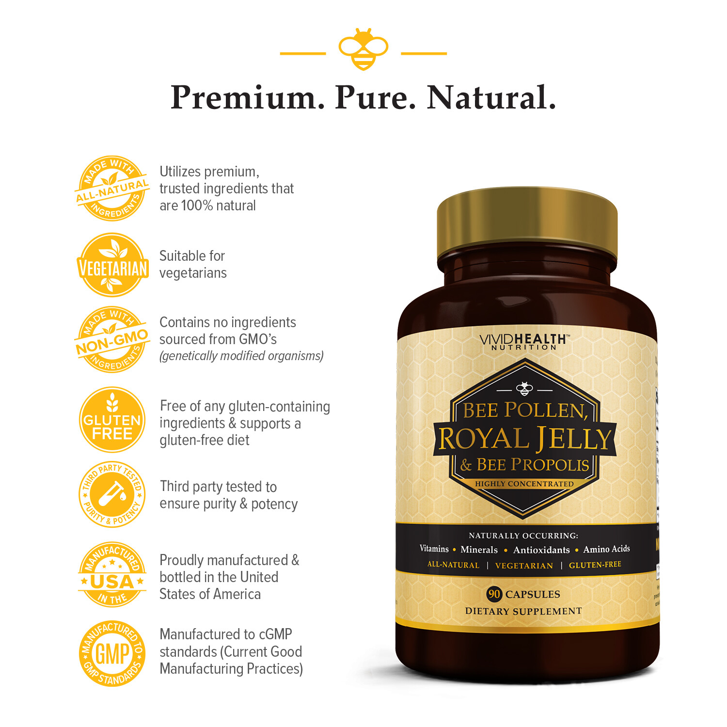 Immune Boosting Royal Jelly Supplement (3 Bottles) with Bee Pollen & Propolis