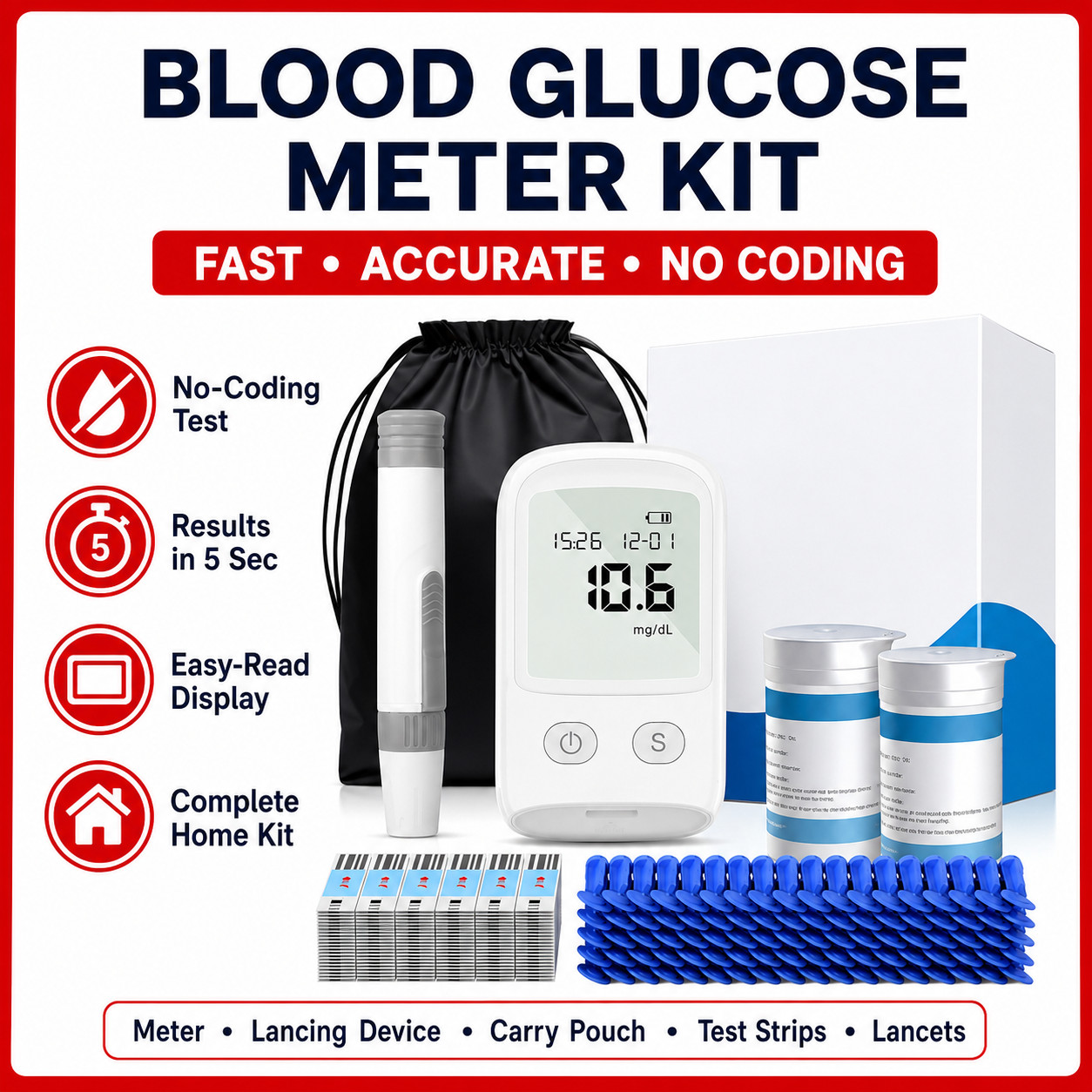Blood Glucose Monitor Kit 50 Strips 50 Lancets No Coding Large Screen Easy Home
