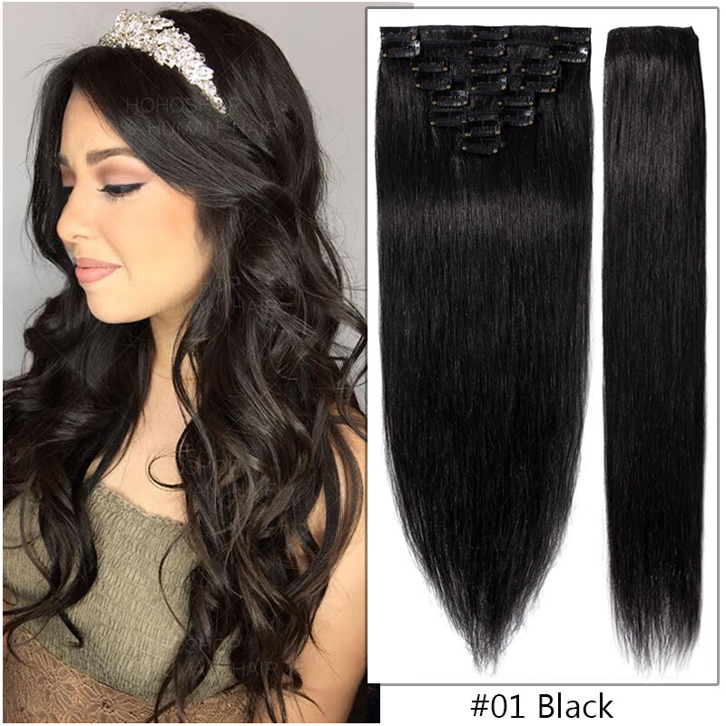 Clip In 100% Real Remy Human Hair Extensions 8 Pieces 18 Clips Full Head 22″24″