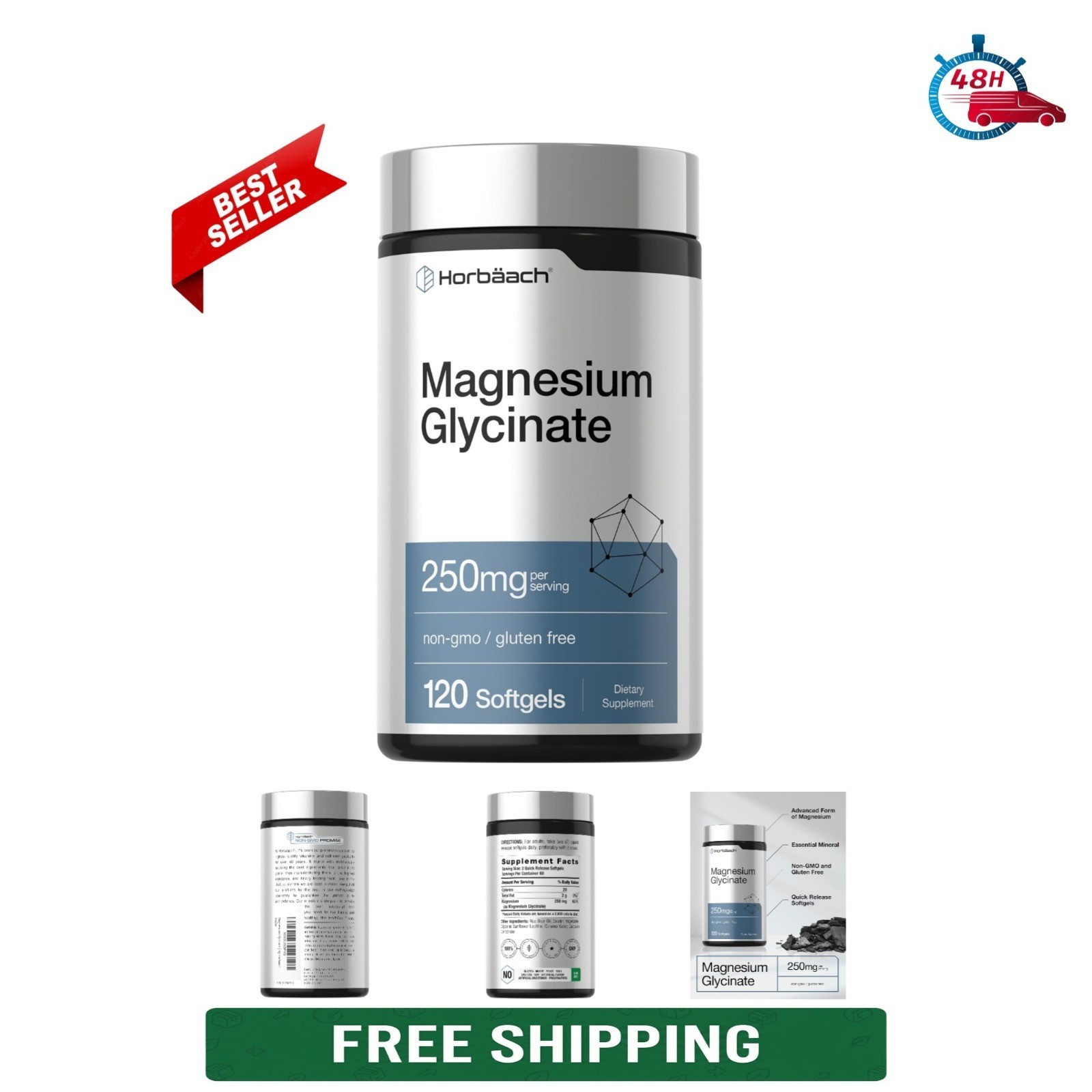 Horbäach Magnesium Glycinate 250mg 120 Softgels Non-GMO Gluten Free