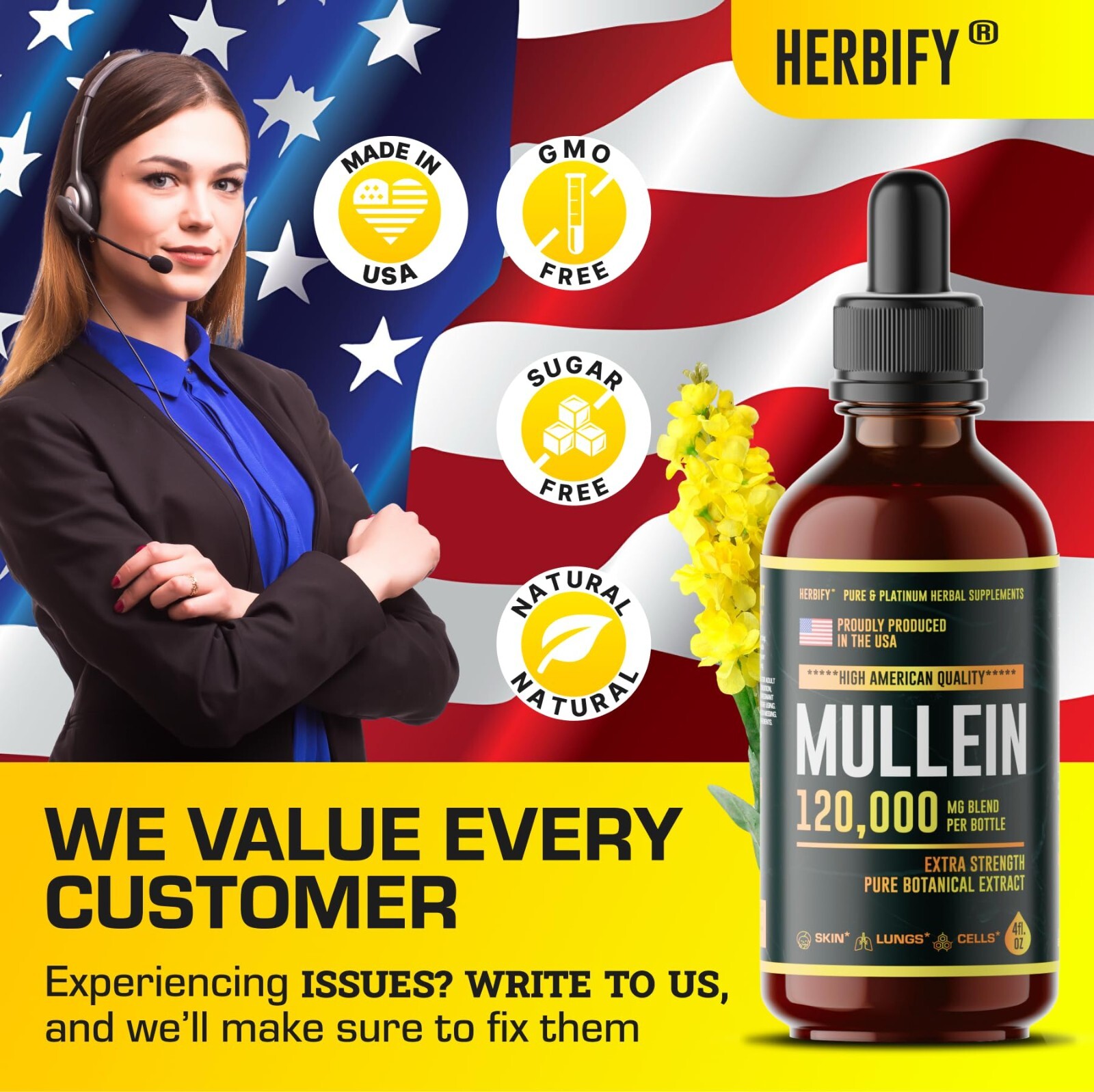 HERBIFY Mullein Drops – Lung Cleanse – Leaf Extract – Powerful Mullein for Immun
