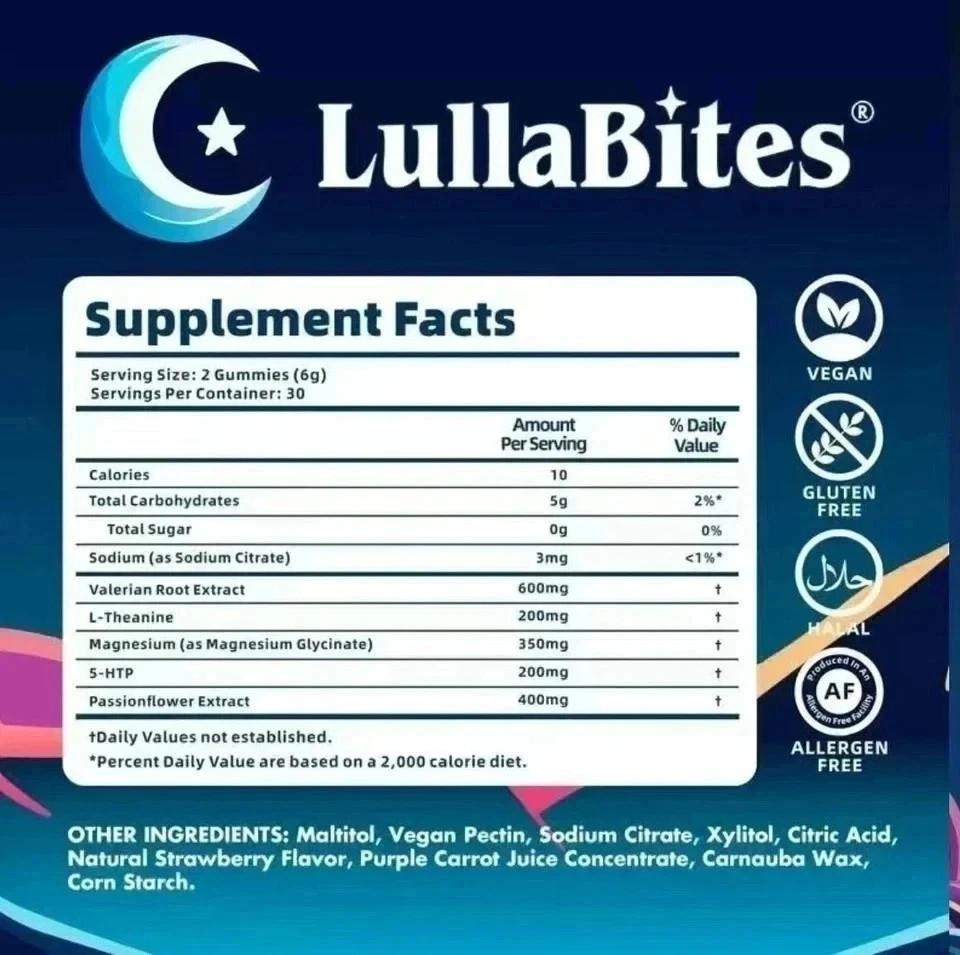 Brand new LullaBites Natural Sleep Gummies Made in USA 60 Gummies-30 Servings US
