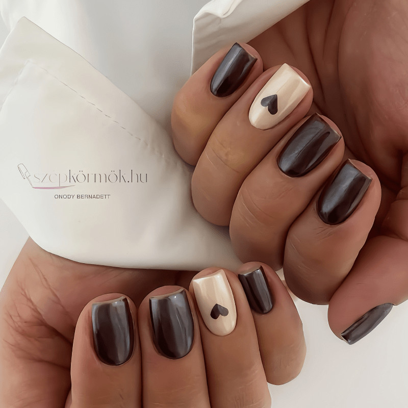 48pcs Short Square Press on Nails, Coffee Cream Solid Heart Minimalist Nail Art