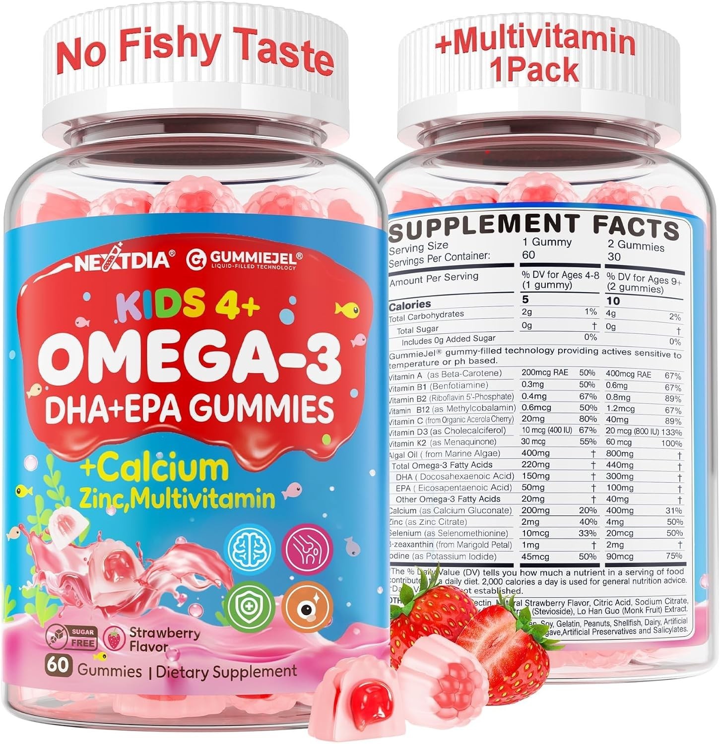 Omega 3 (EPA/DHA) Filled Gummies for Kids Teen with Multivitamin, Calcium + D3