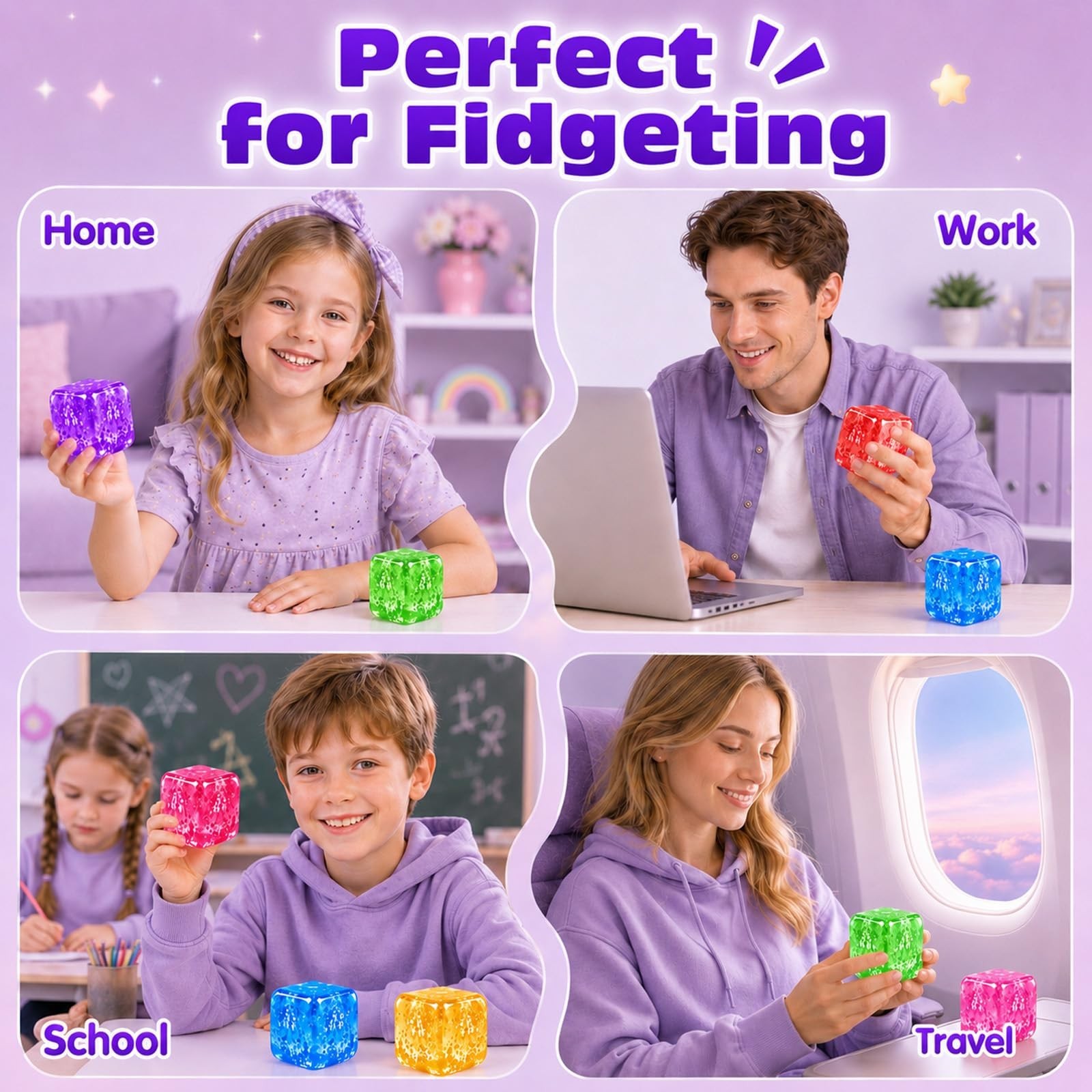 6PCS Glitter Stress Cube Balls – Squishy Fidget Toys for Anxiety Relief, Party F