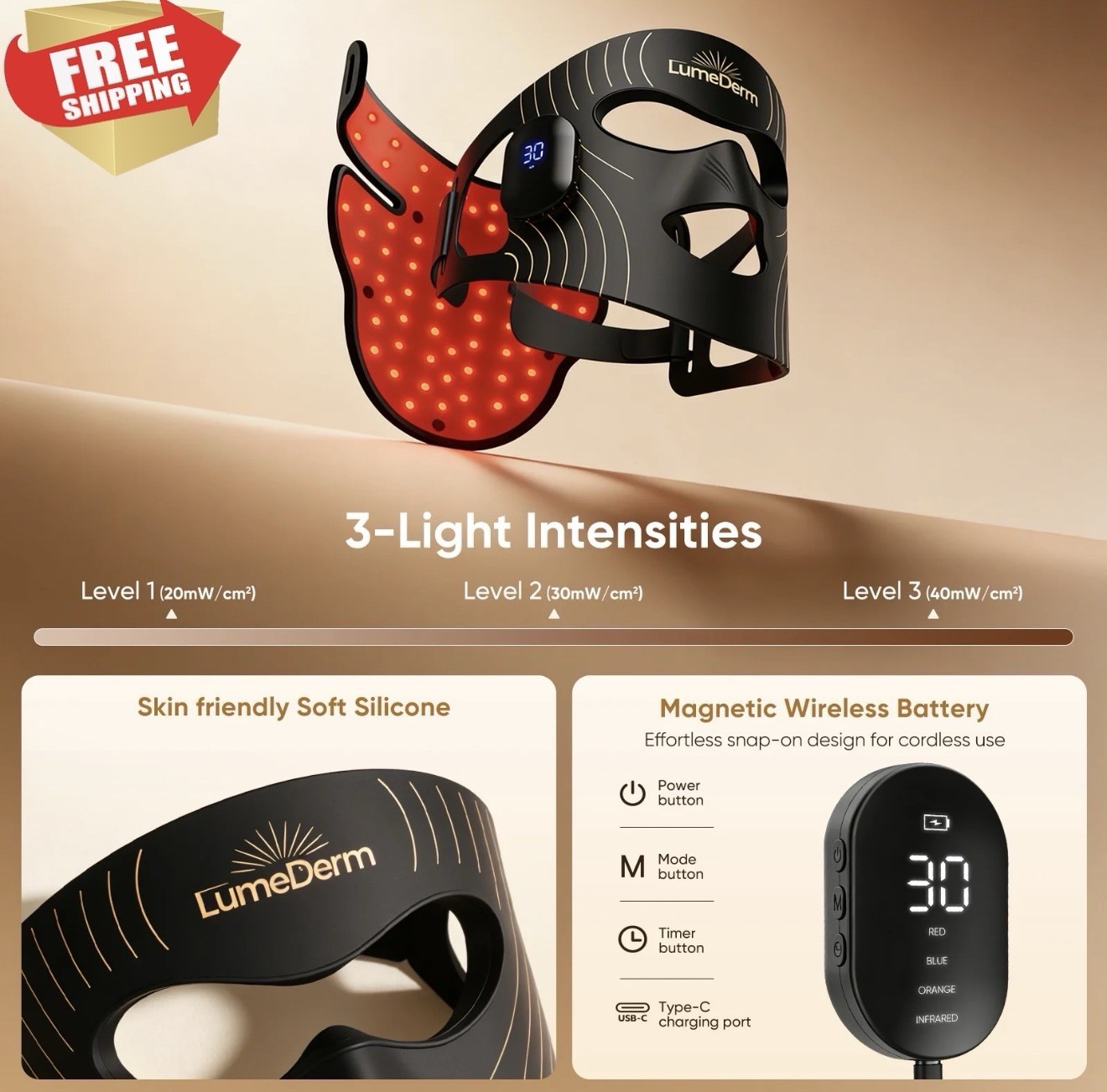 LumeDerm GLOW Wireless LED Face Mask-with Red Light Therapy, 2-Year Warranty