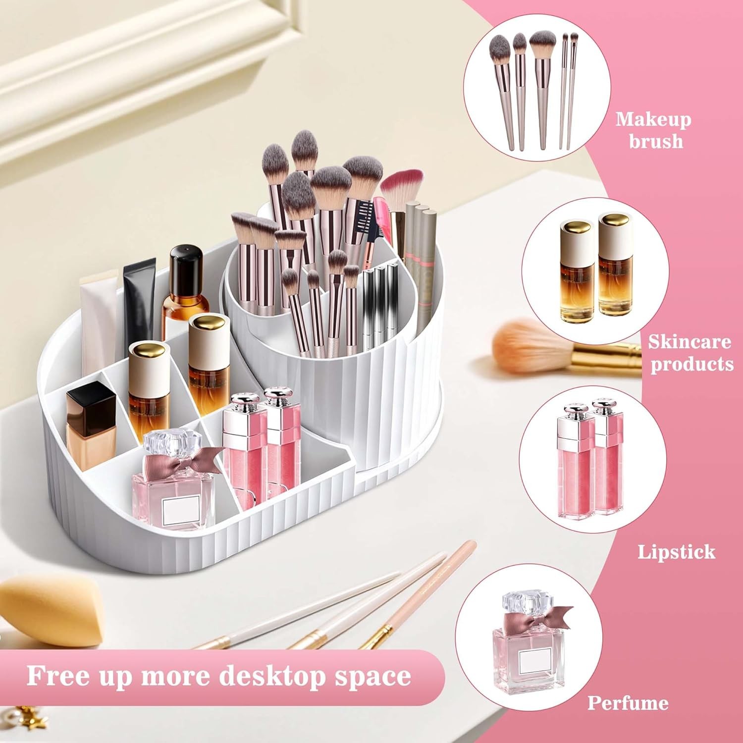 Makeup Organizer with Rotating Brush Holder Vanity Organizer Cosmetic Storage