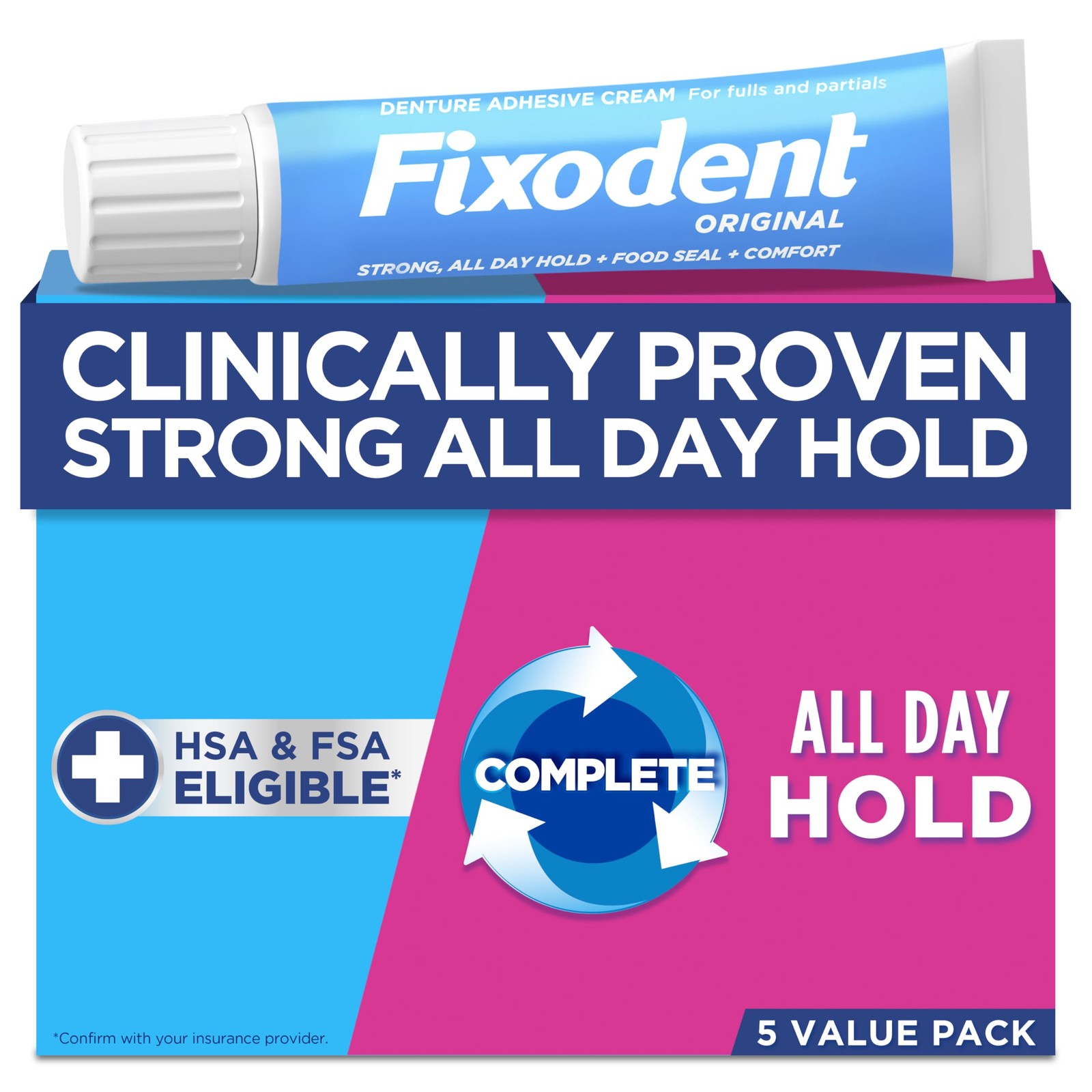Fixodent Original Secure Denture Adhesive Cream for 2.4oz (Pack of 5), White