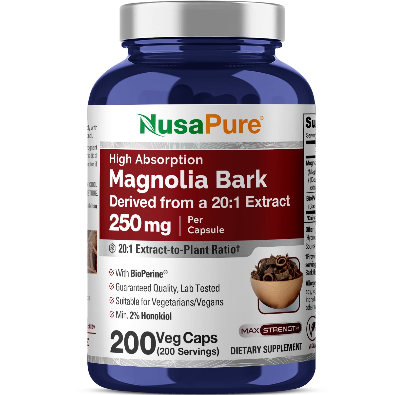NusaPure Magnolia Bark Capsules, 250 mg, 200 Veg Capsules