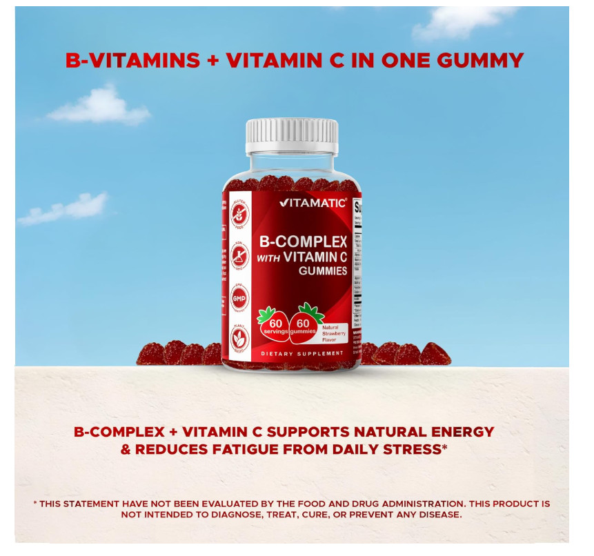 Vitamin B Complex Gummies With Vit C Inositol Strawberry Energy Vegan 60 Count