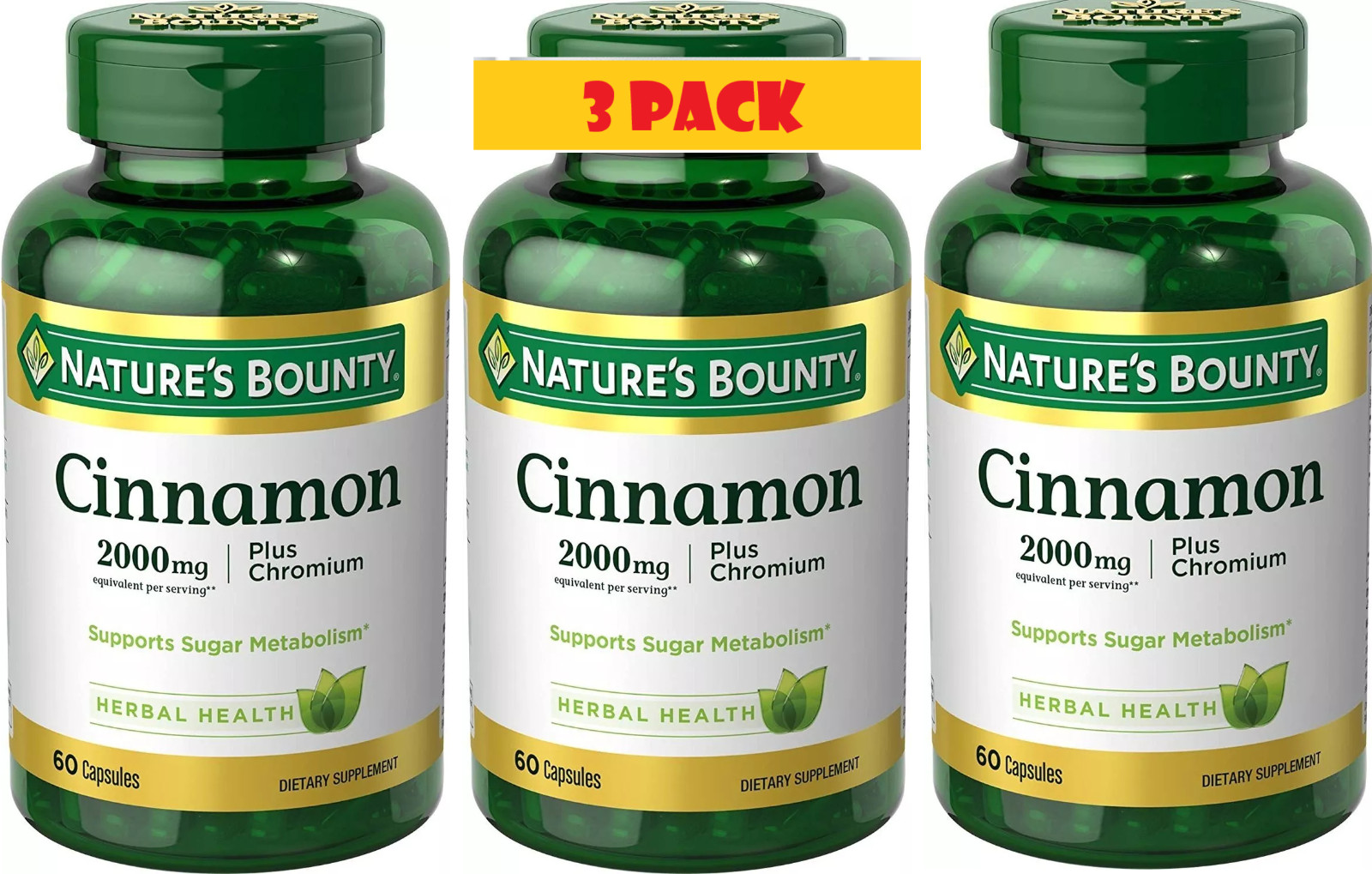 3 Pack Cinnamon 2000 mg + Chromium 180 Capsules (3×60) 1000 mg per Caps Exp 2026