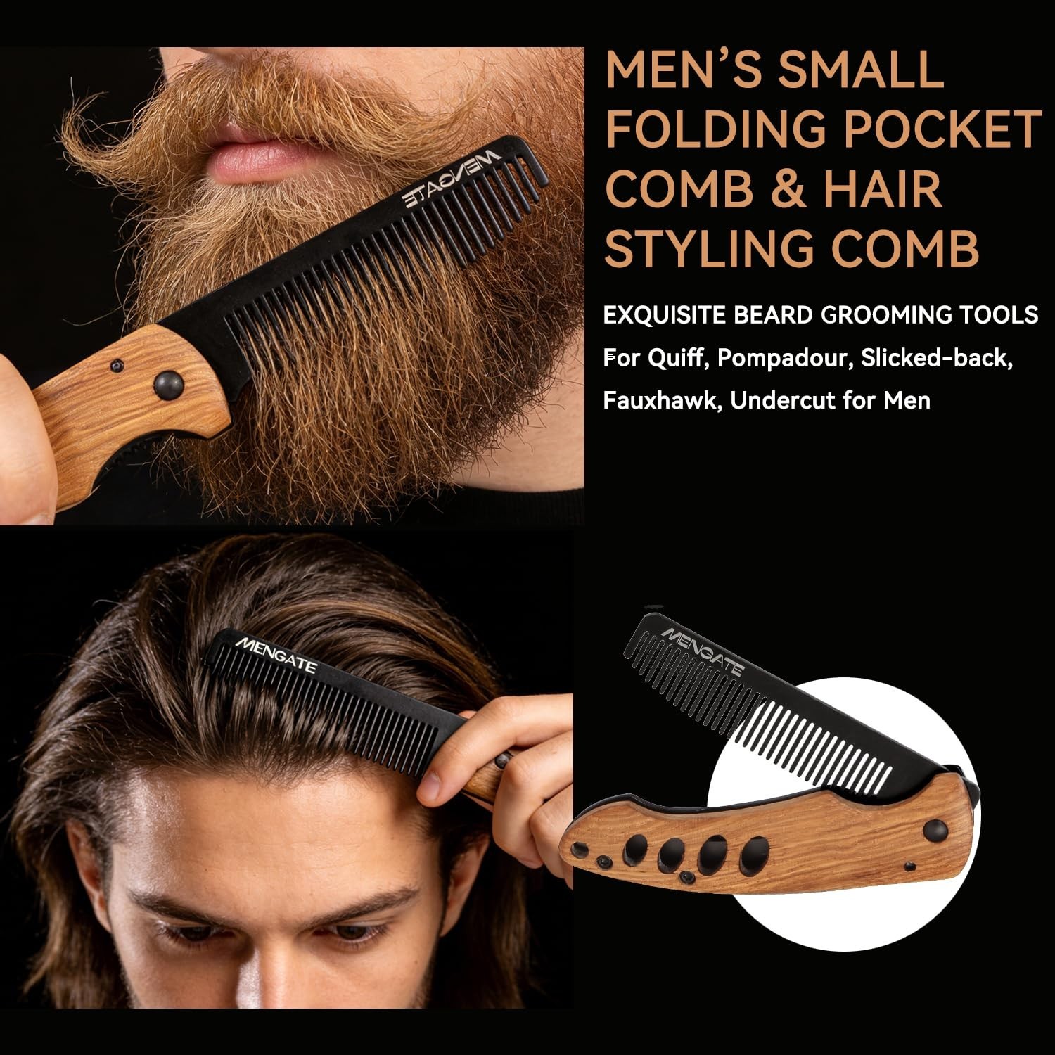 Compact Folding Pocket Beard & Mustache Comb – Metal Grooming Tool with Wooden H