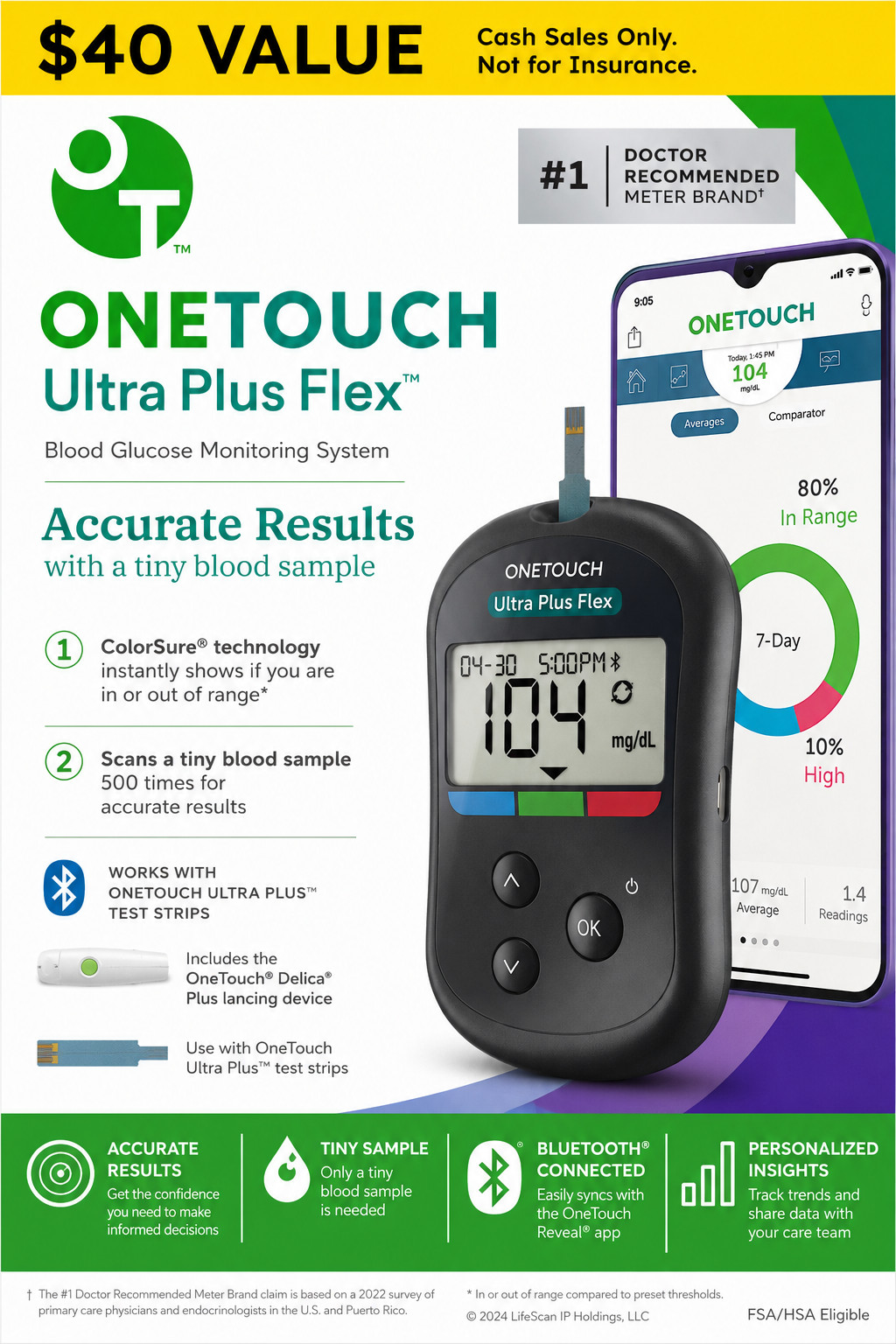 One Touch Ultra Plus Flex Blood Glucose Meter EXP 2029 (MONTH VARIES, SEE PICS)