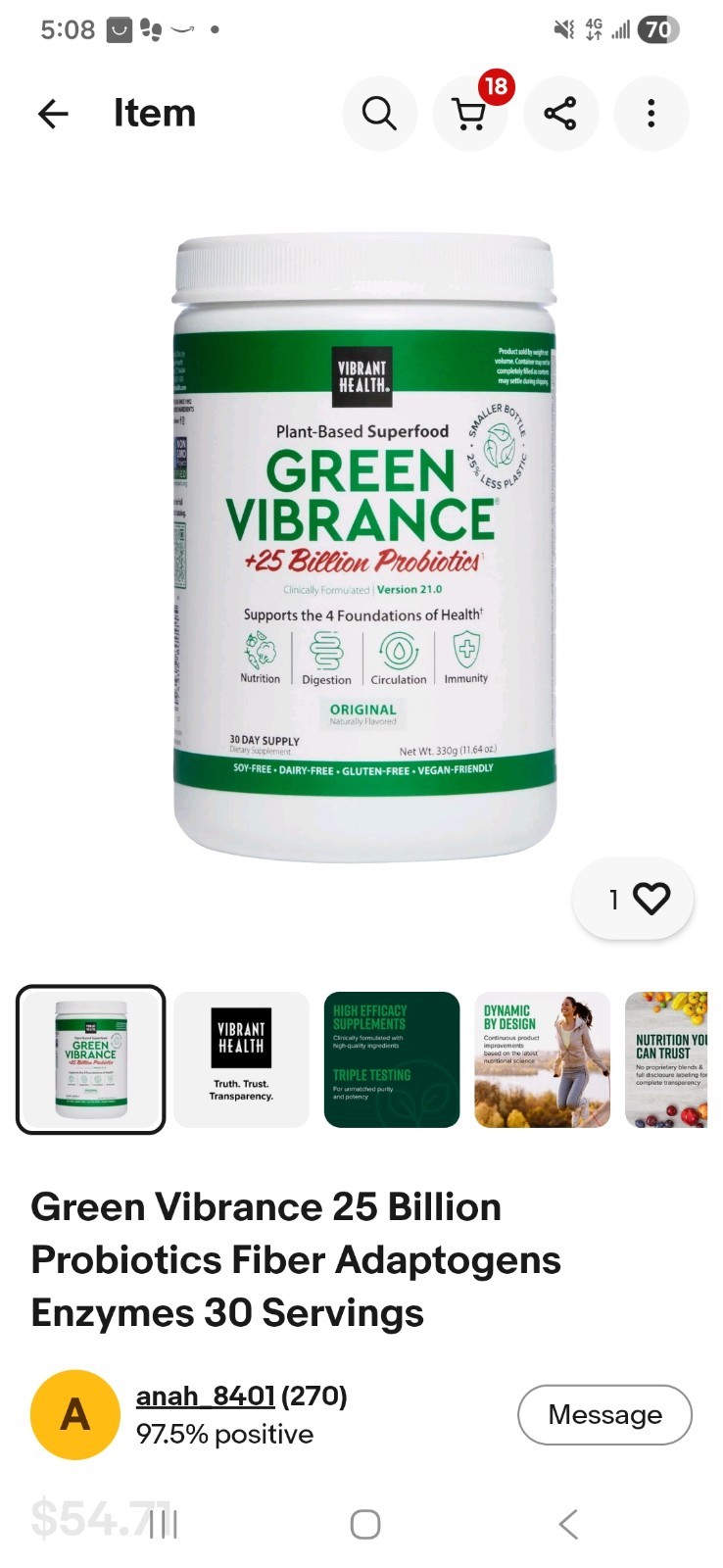 Vibrant Health Green Vibrance Plant-Based Superfood Powder 25 Billion Probiotics