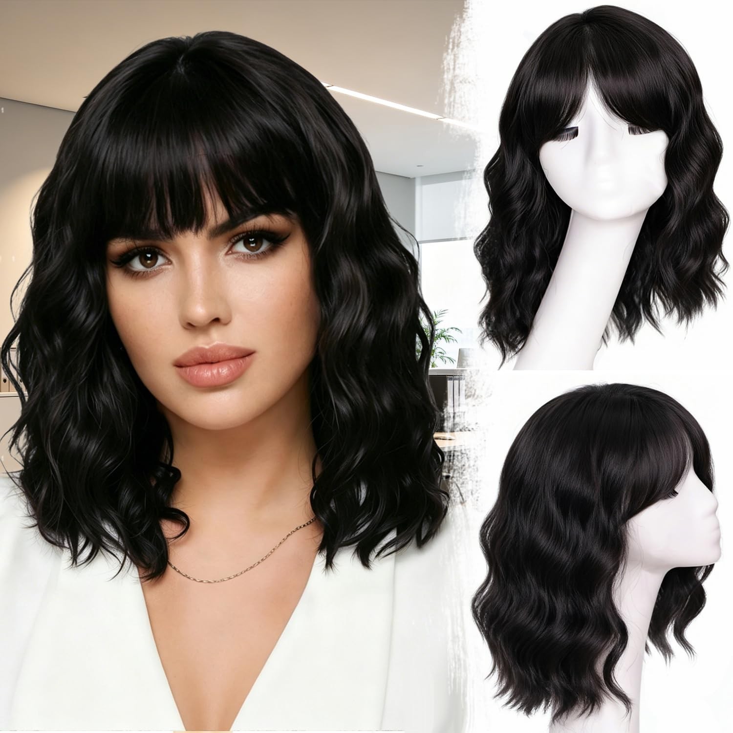 Black Mixed Brown Wig with Bangs Short Wavy Bob Wigs for Women Synthetic 14 Inch