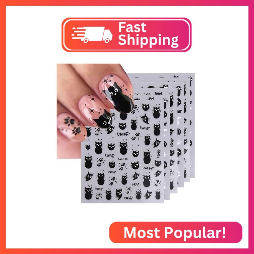 6 Sheets Black Cat Nail Art Stickers Cute Animal Nail Stickers for Nail Art 3D S
