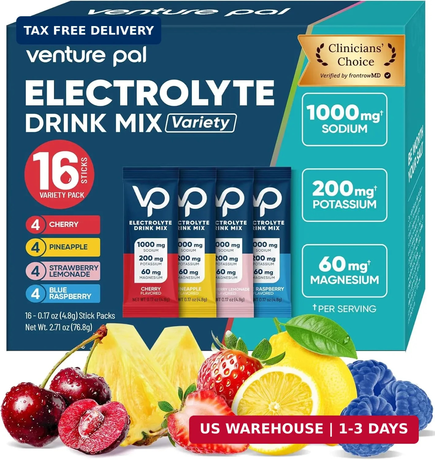 Venture Pal High Sodium Sugar Free Electrolytes Powder Packet, Zero Calories Hyd