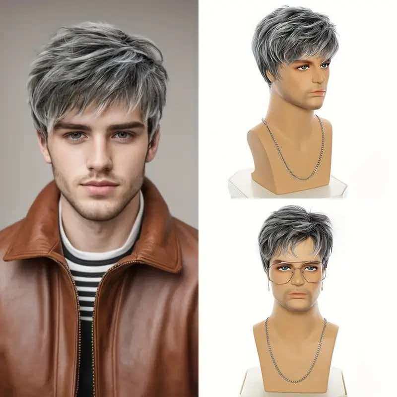 Men’s 6in Short Silver Gray Wig Full Cosplay Party Heat Resistant Synthetic