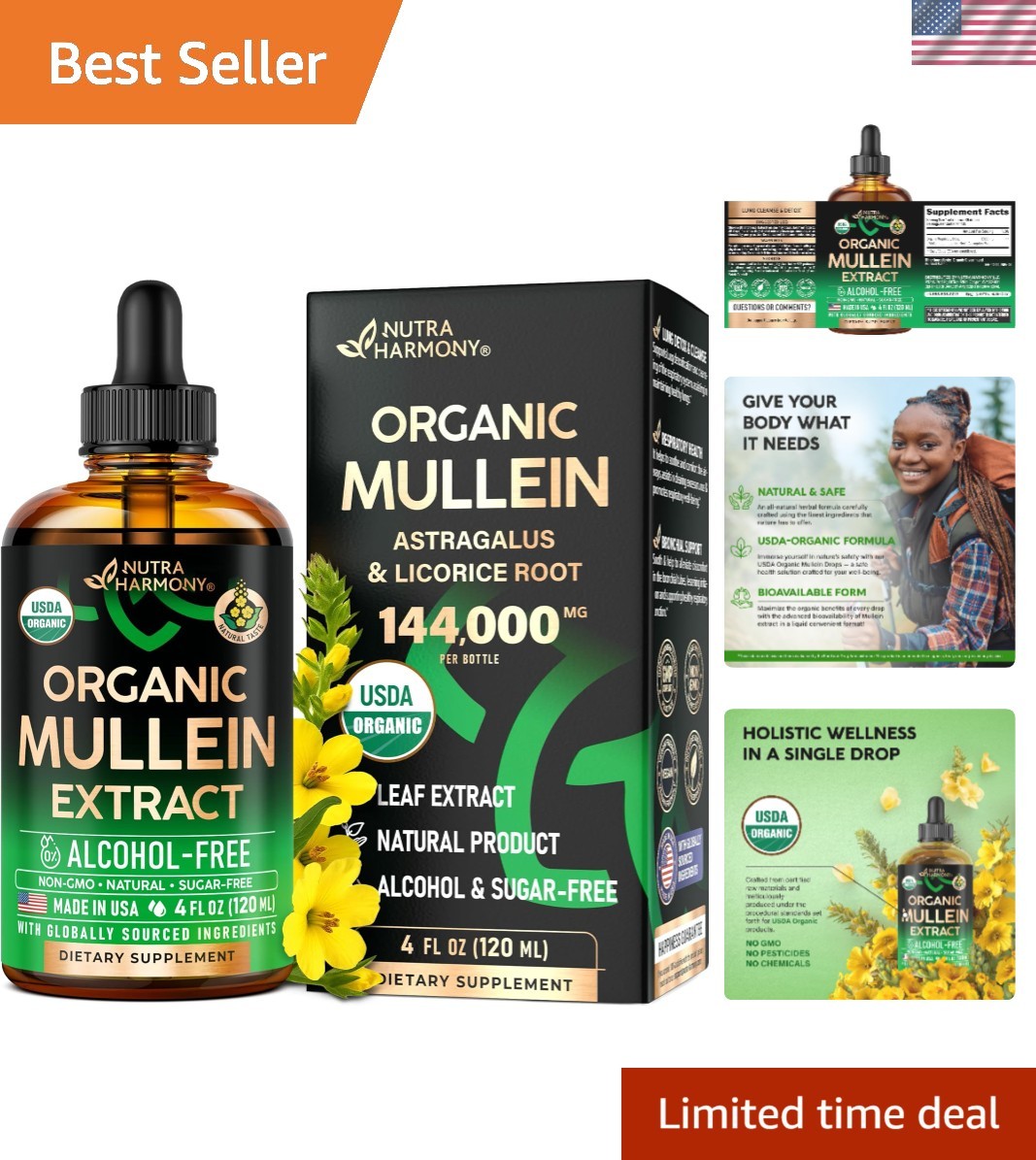 USDA Organic Mullein Leaf Drops 4 fl oz, Alcohol-Free Respiratory Support, USA