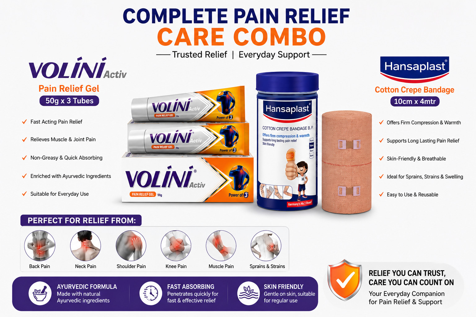 Volini Activ Pain Relief Gel 150g (5.29 oz) + Crepe Bandage Support Kit
