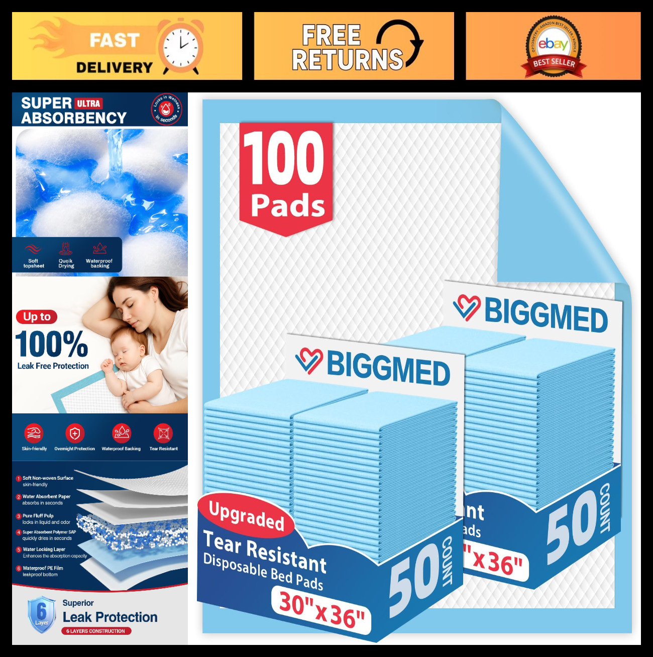 Tear-Resistant Disposable Bed Pads 30″x36″ – 100 Count Absorbent Underpads for A
