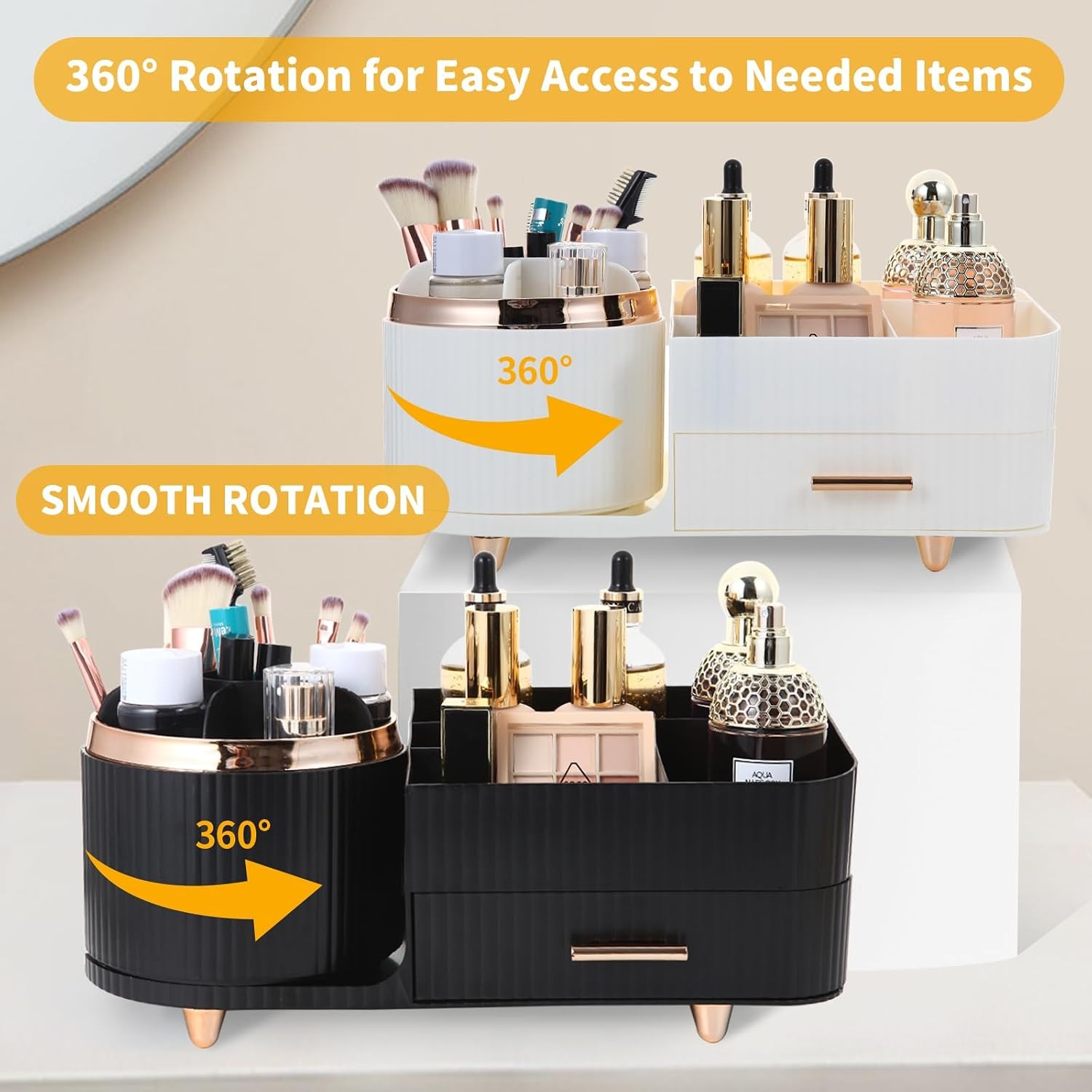 Makeup Organizer Countertop with Drawer 360 Rotating Brush Holder Storage Large