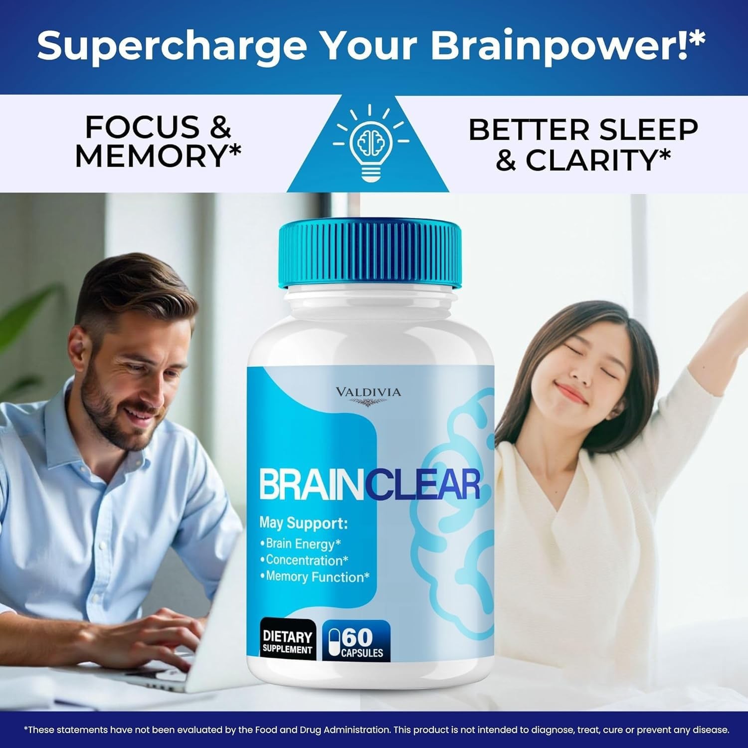 Brain Clear Memory Focus Supplement Capsules Nootropic Daily 1 Pack 60Ct
