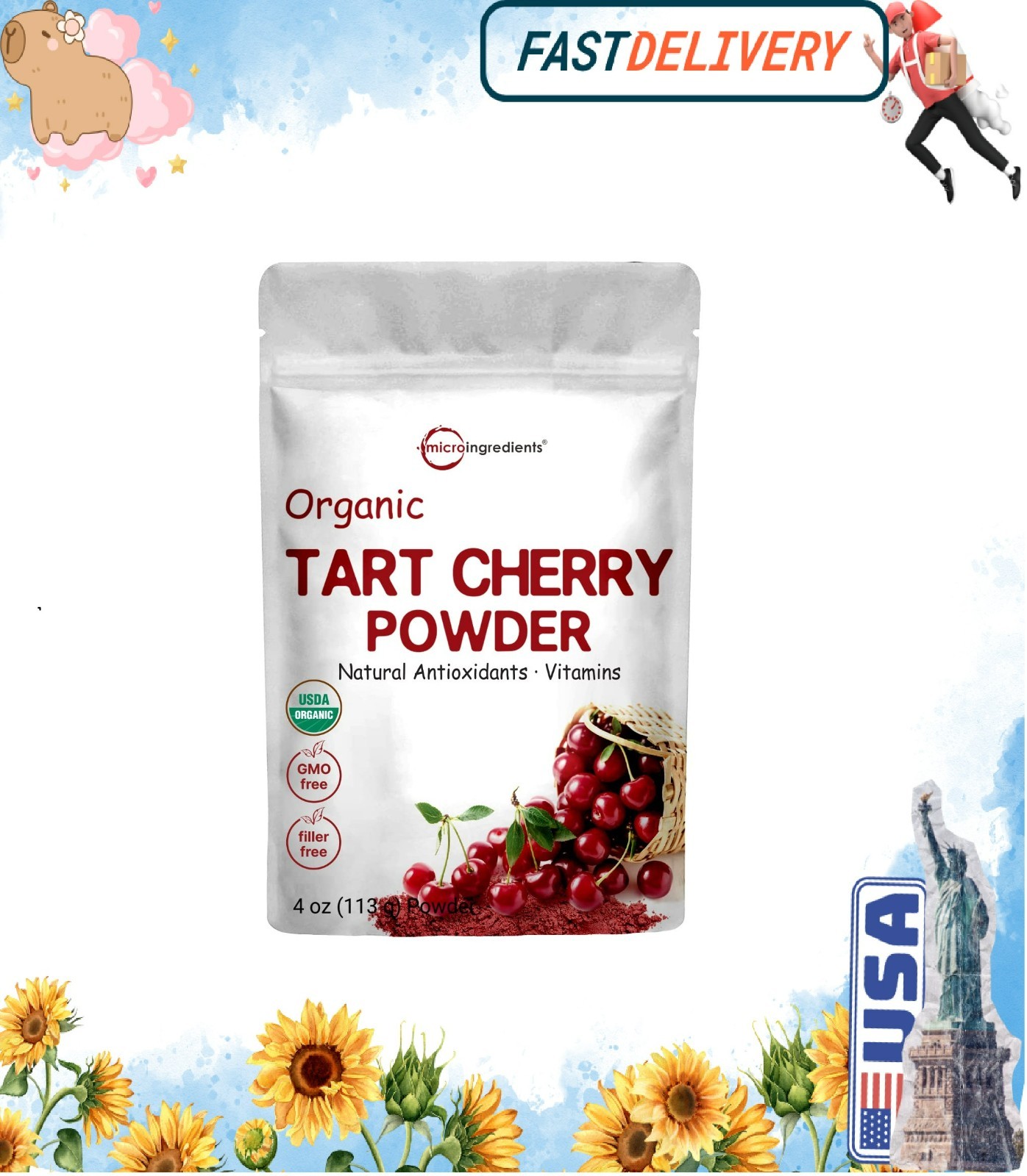 Organic Tart Cherry powder, 4oz | 100% Natural Fruit Powder | US Grown Tart