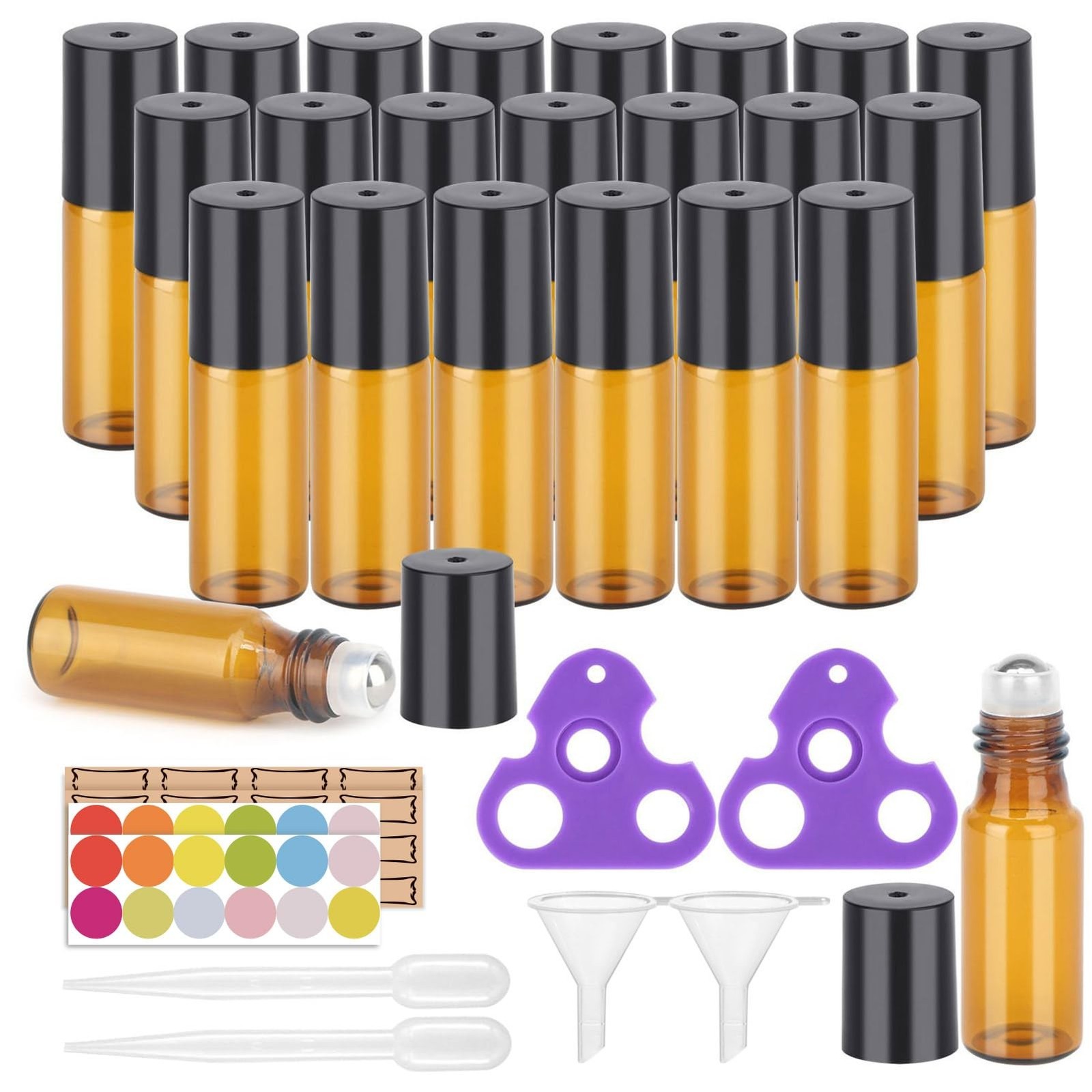 Essential Oil Roller Bottles, 24 Pack Amber Glass Balls Roller Bottles 5ml