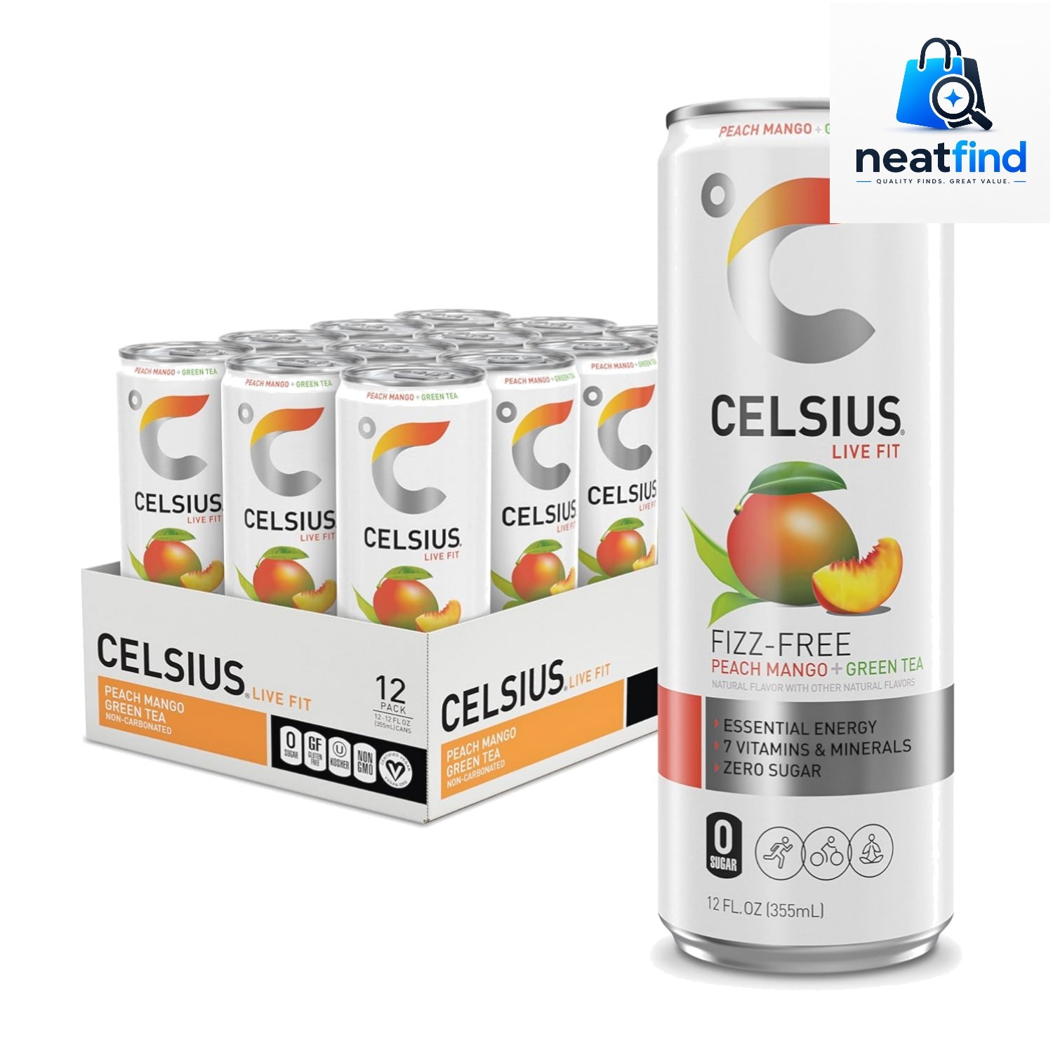 Fizz Free Peach Mango Green Tea, Sugar Free Energy Drink, 12 Fl Oz Pack of 12