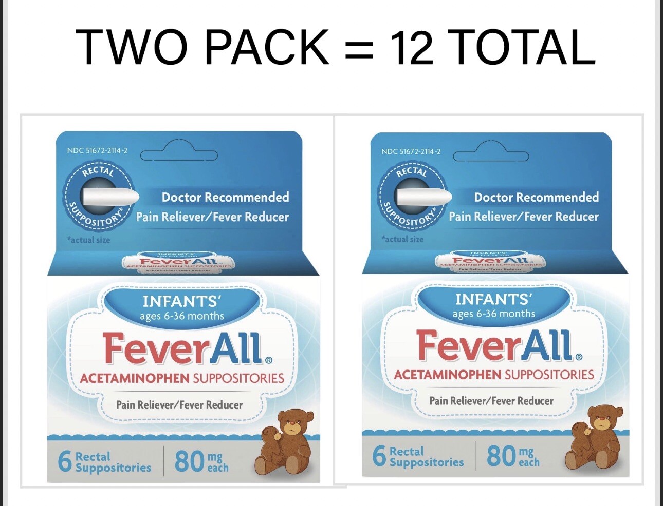 🔥2-PACK FeverAll Infants’ Acetaminophen Rectal Suppositories 80mg 12ct 02/2026