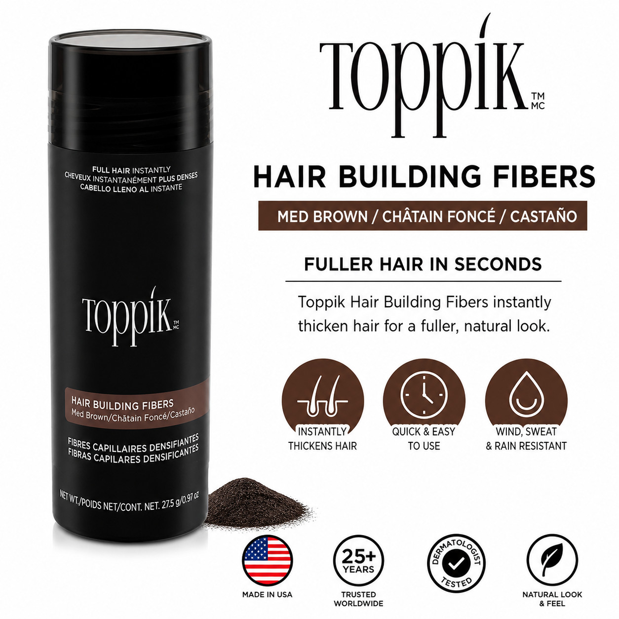 Toppik Hair Building Fibers Black, Dark Brown, Medium Brown , Light Brown 27.5g