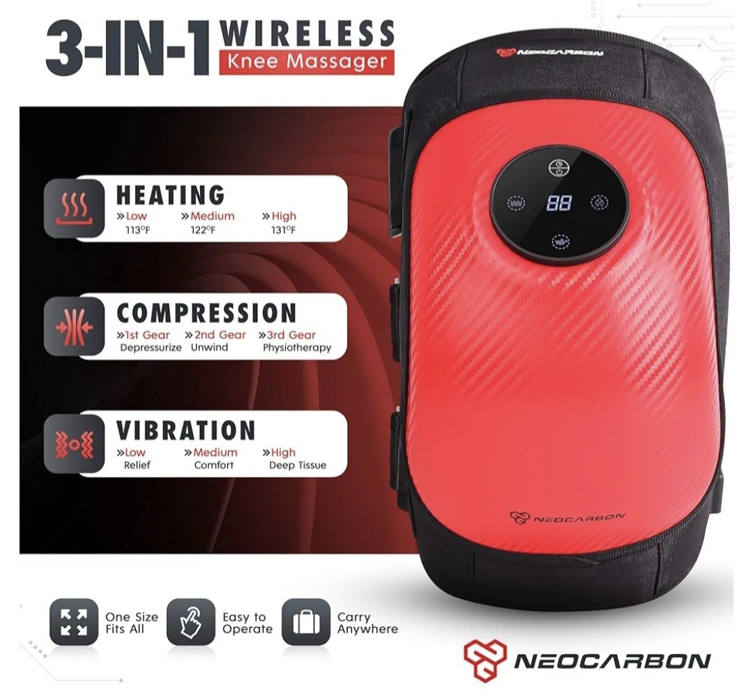 Neocarbon Wireless Knee Massager, Heated Therapy and Vibration Massage, Red NEW