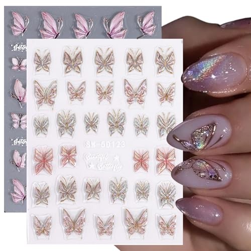 2 Sheets Glitter Butterfly Nail Stickers, Aurora Pink nail stickers 03