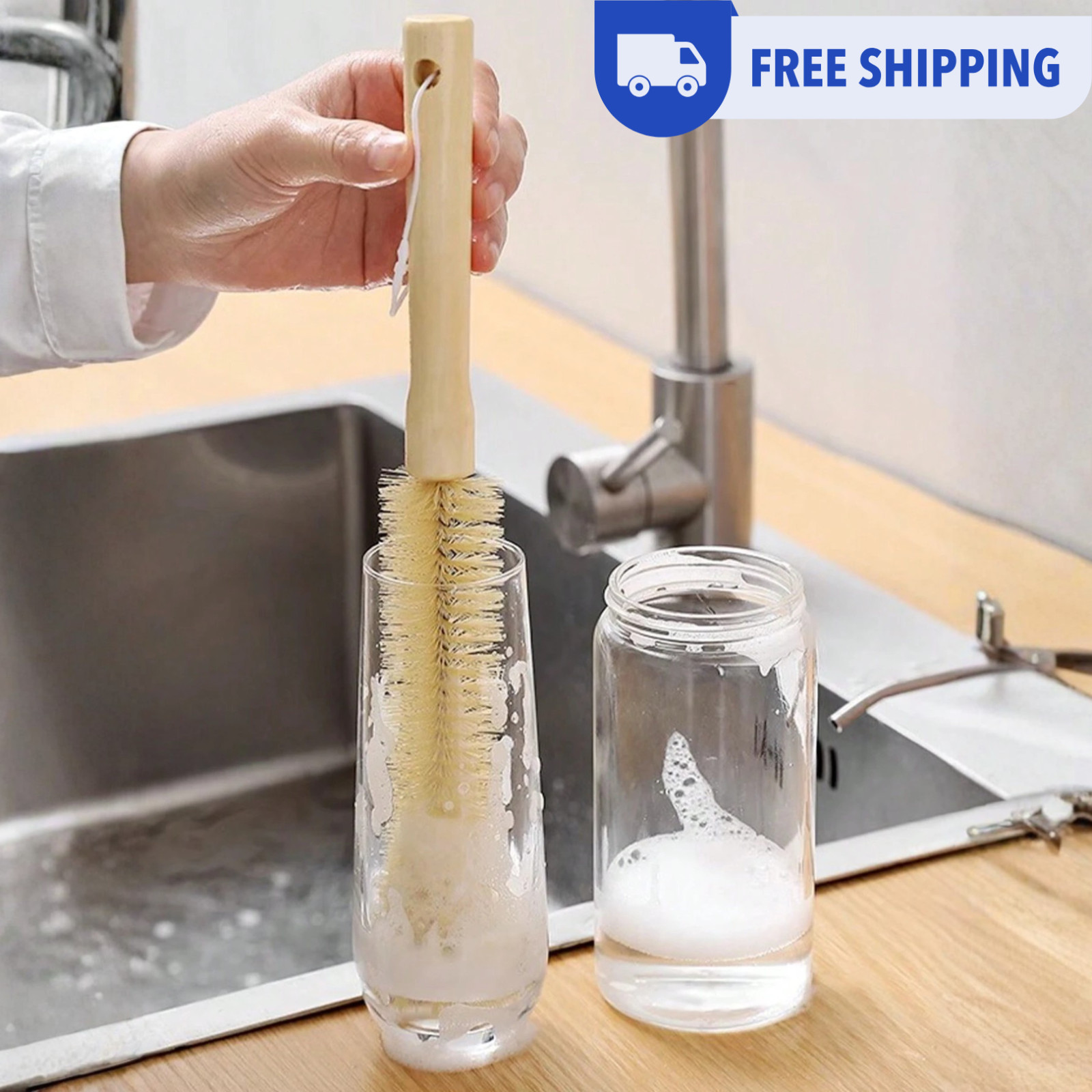 1pc Wooden Handle Bottle Cleaning Brush Nylon Bristle Long Handle Cup Brush