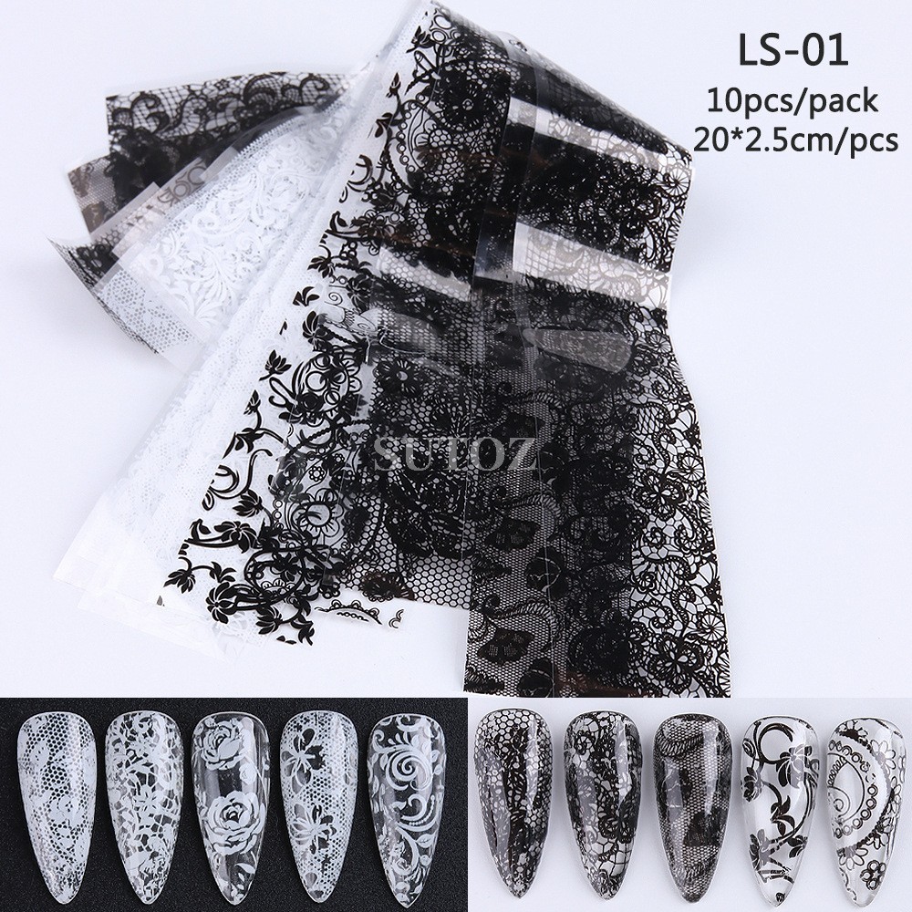 10Pcs Retro Black White Flower Lace Foils Nail Art Transfer Stickers Decals NH30