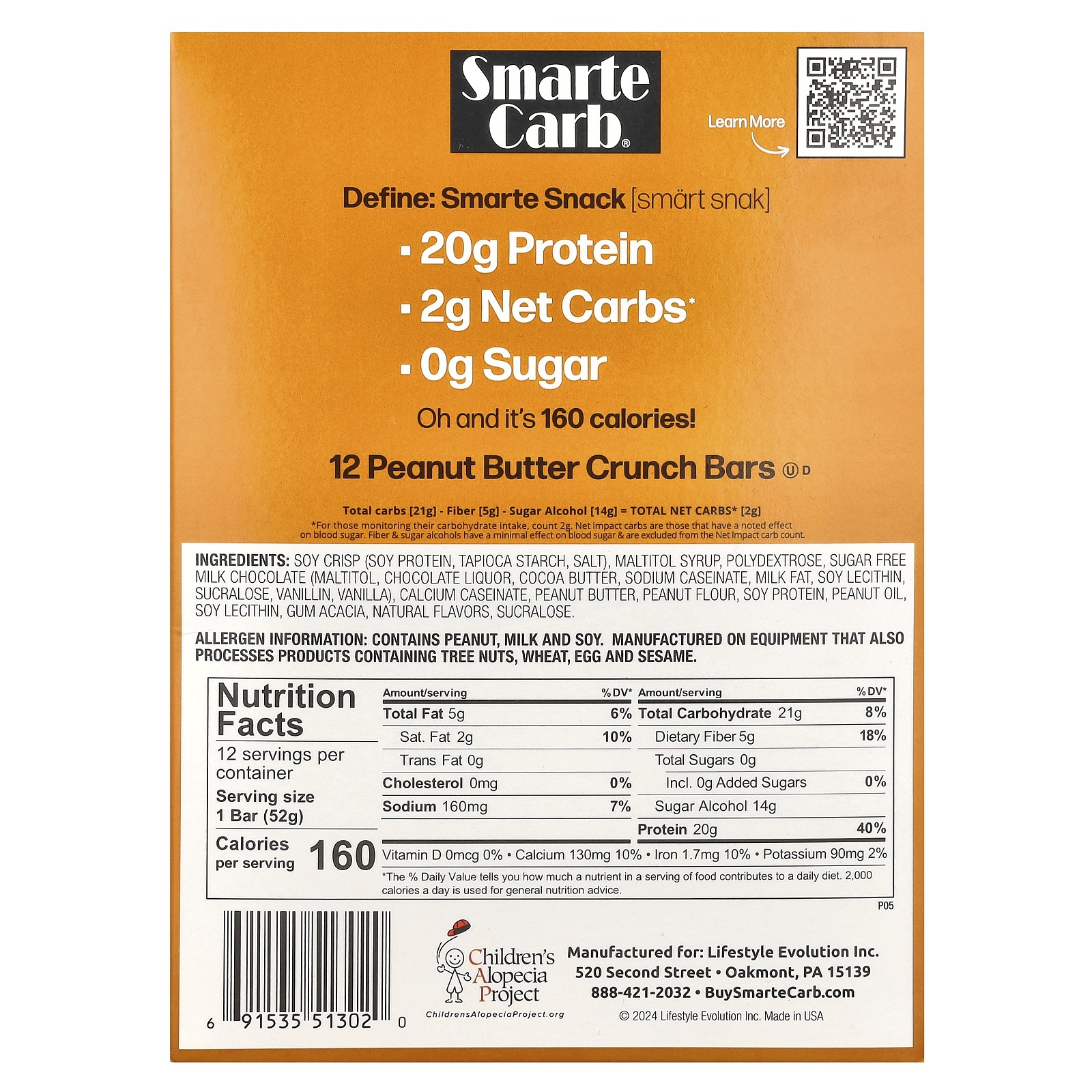 Smarte Carb® Protein Bar, Peanut Butter Crunch, 12 Bars, 1.83 oz (52 g) Each